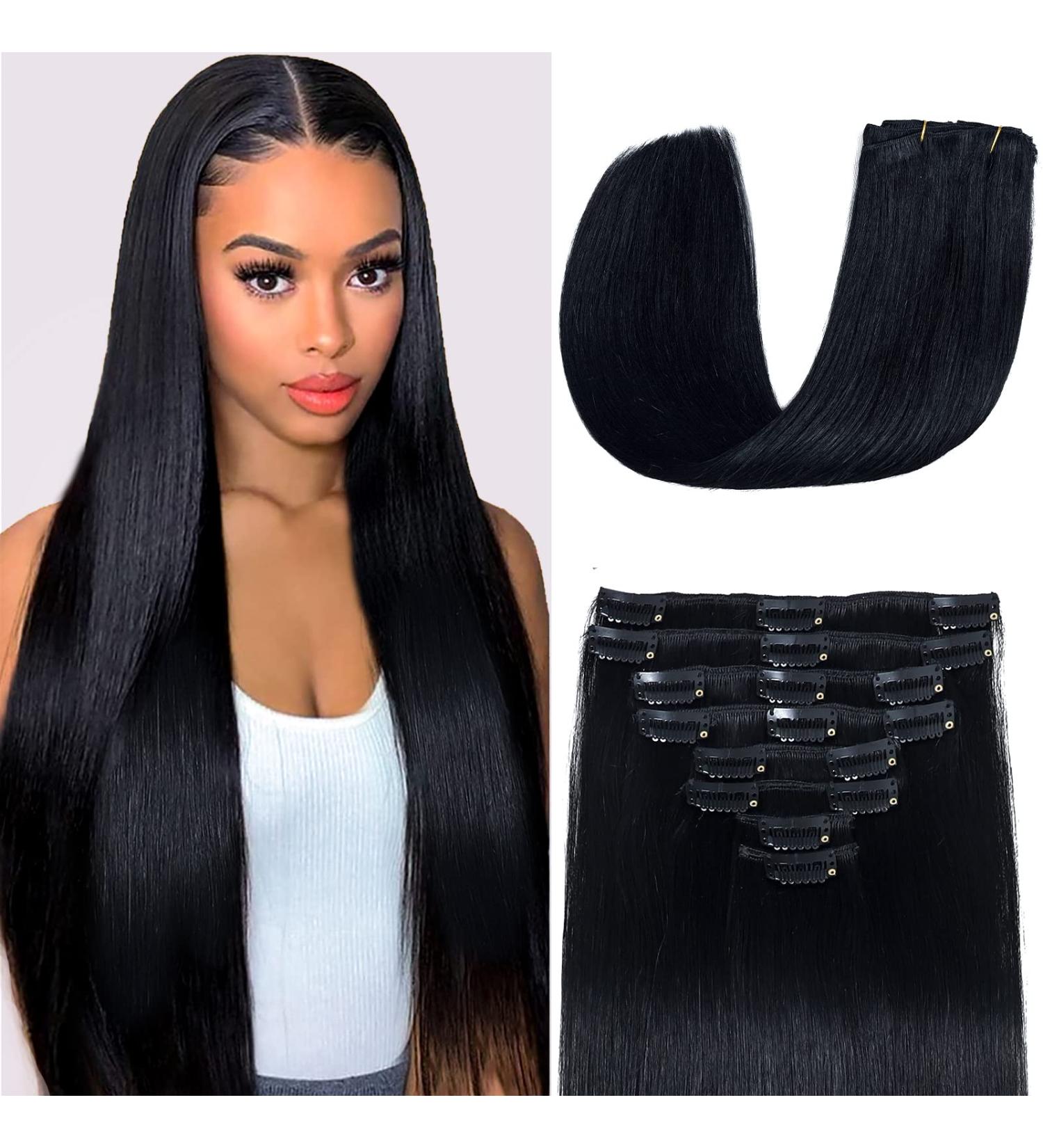 SIVSV 18 Inch Jet Black Clip in Human Hair Extensions - Remy Seamless Clip ins for Women - 100g Double Weft - 8pcs/Set - Buy Online on GoSupps.com