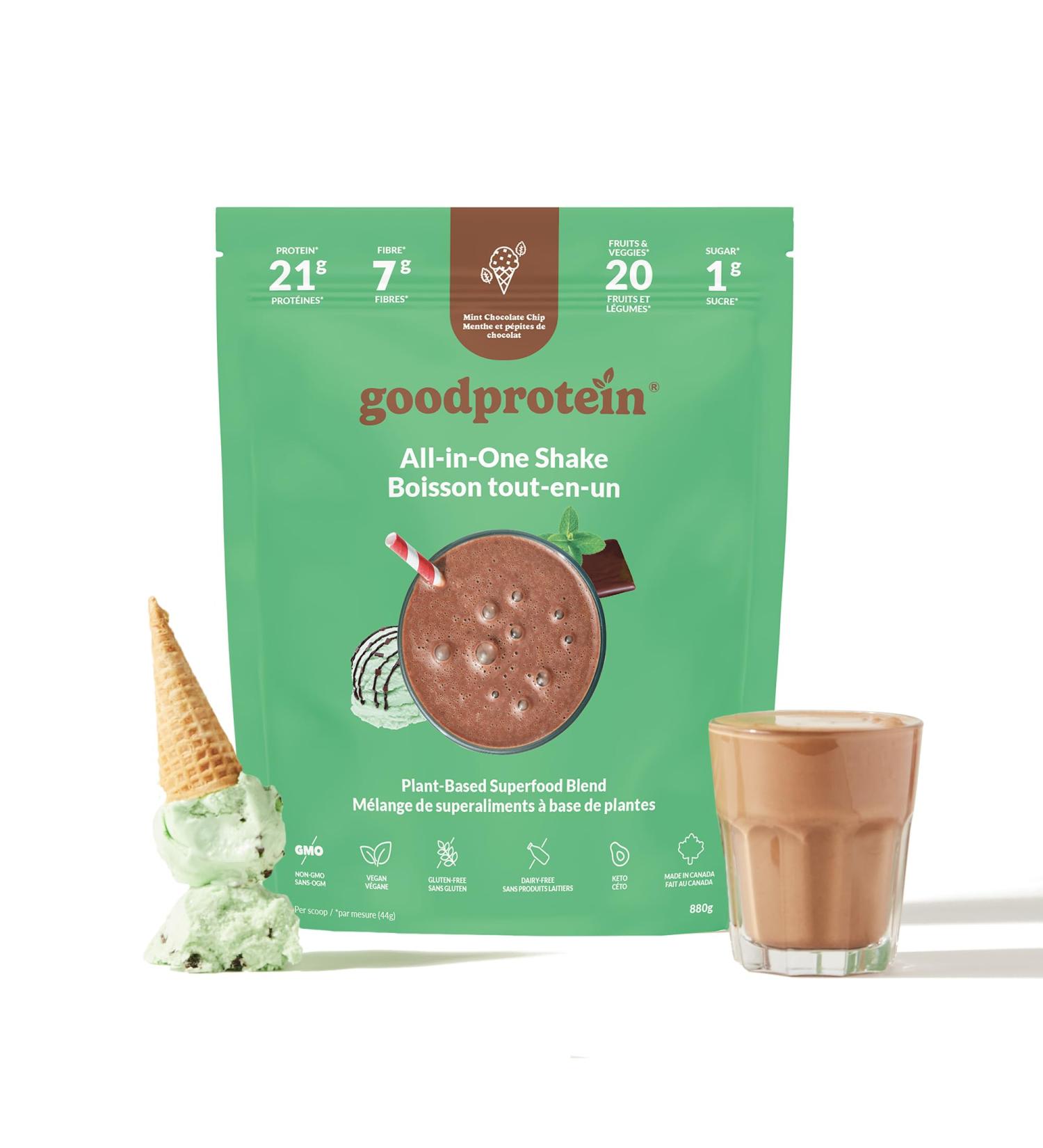 Good Protein Vegan Plant-based Protein Powder 100% Natural Non-GMO Dairy-free Gluten-free Soy-free No Added Sugar and Nothing Artificial. Mint Chocolate Chip All-in-One Shake 880 grams Mint Chocolate Chip 880 g - Buy Online on GoSupps.com