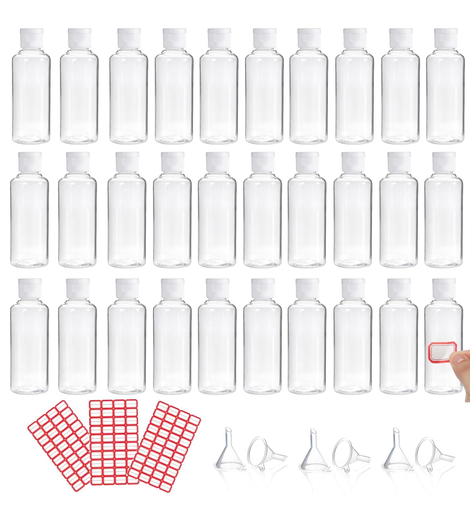 30 Pcs 100ml Plastic Travel Bottles for Toiletries Empty Refillable Transparent Containers Cosmetic Flip Cap Bottles for Toiletries Shampoo Lotions Cosmetics 4pcs Funnels and 2 Sheets Free Labels 07 - Buy Online on GoSupps.com