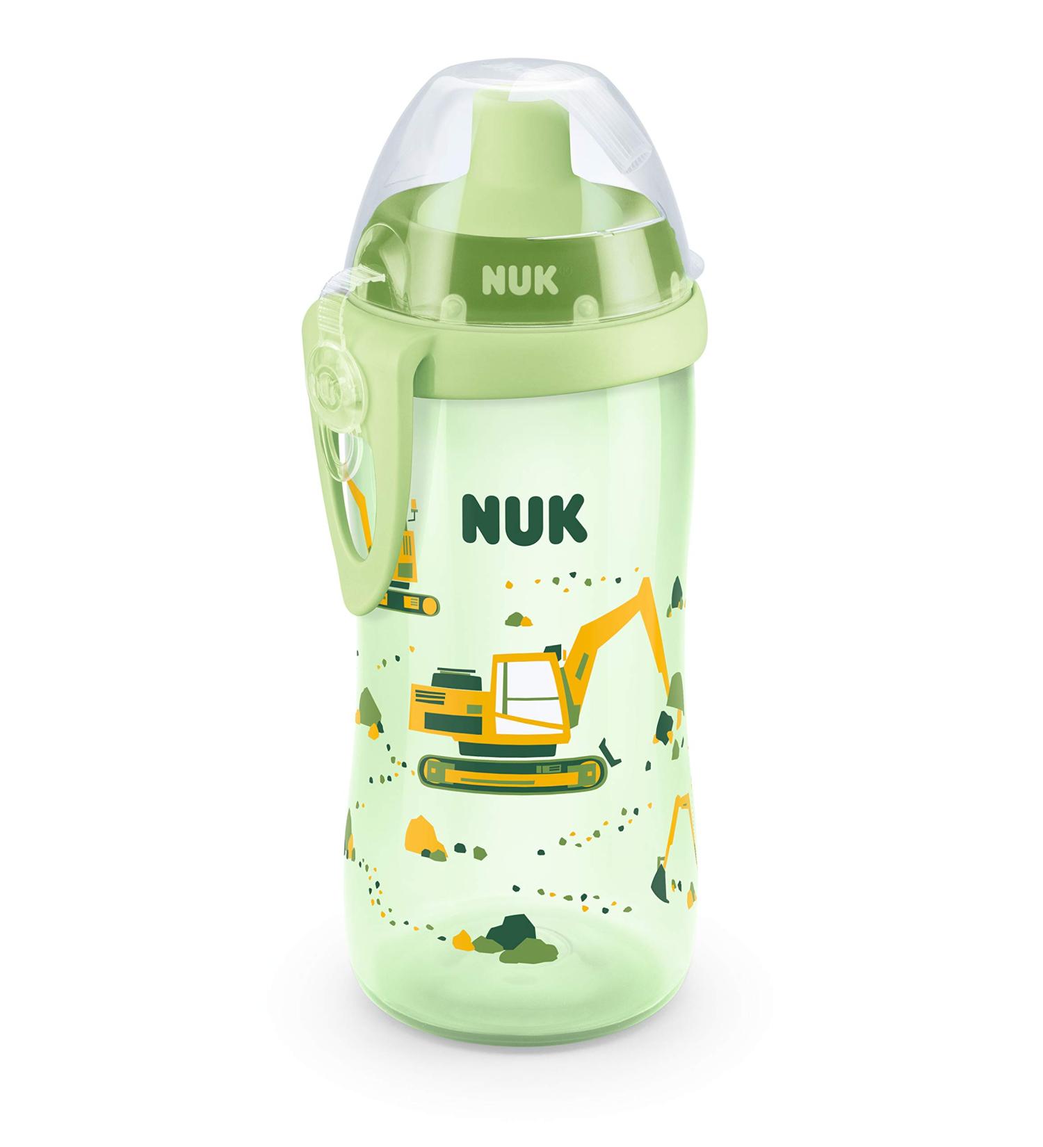 NUK Flexi Cup drinking bottle with drinking straw 300ml leak-proof and shatter-proof BPA-free 12+ months excavator (green)