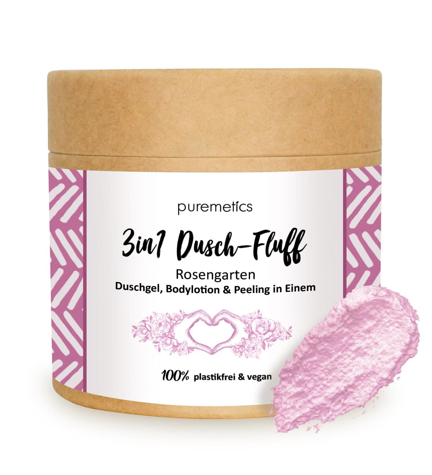 Puremetics 3-in-1 Shower Fluff Rose Garden - Vegan Plastic-Free Shower Gel Peeling & Lotion | 250g - Buy Online on GoSupps.com