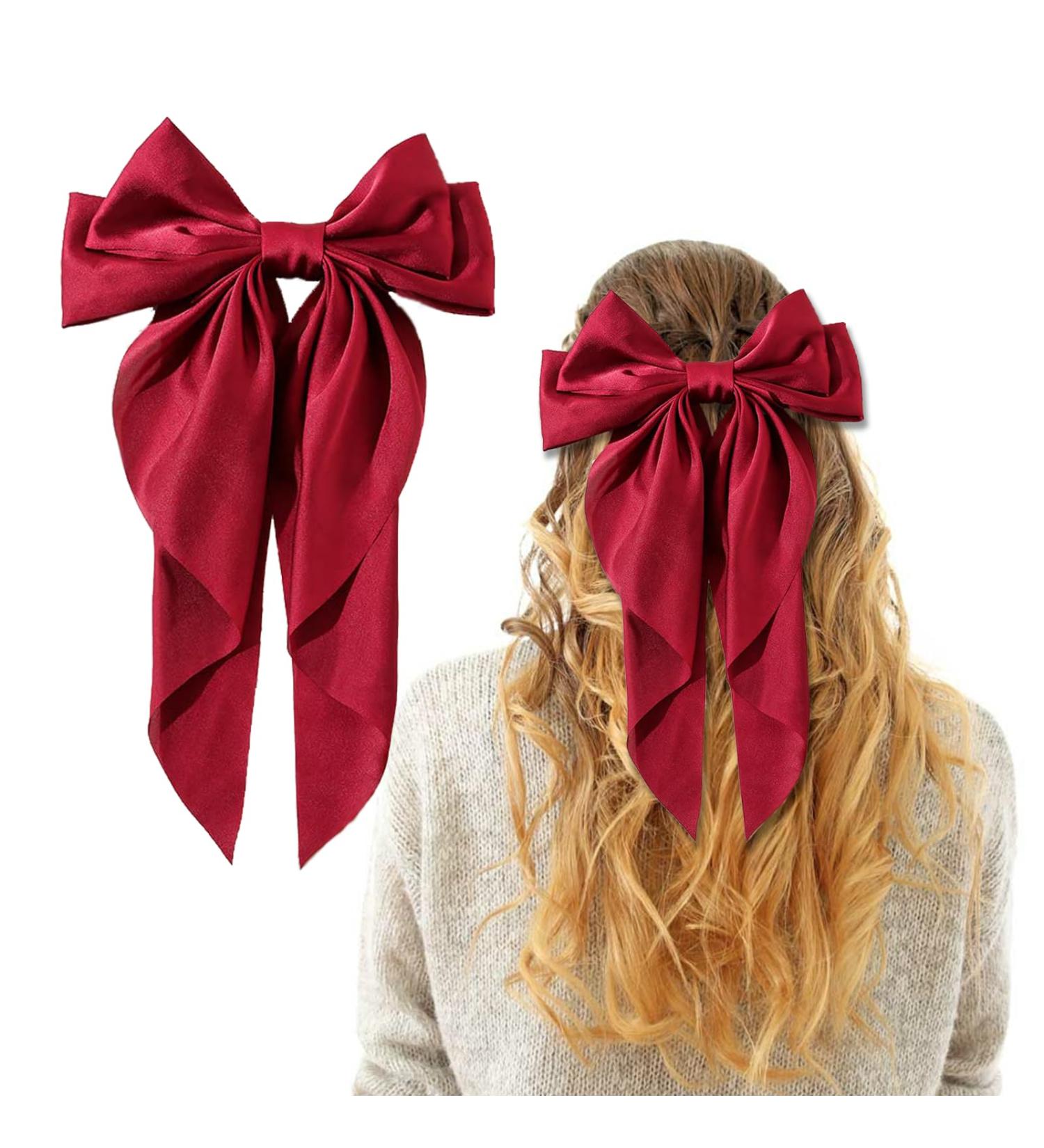 Red Hair Bow Red Bow Hair Clip for Women Solid Color Bow Hair Clips with Long Ribbon French Red Bow Hair Clip Soft Satin Silky Hair Bows Cute Gifts for Women Girls - Buy Online on GoSupps.com
