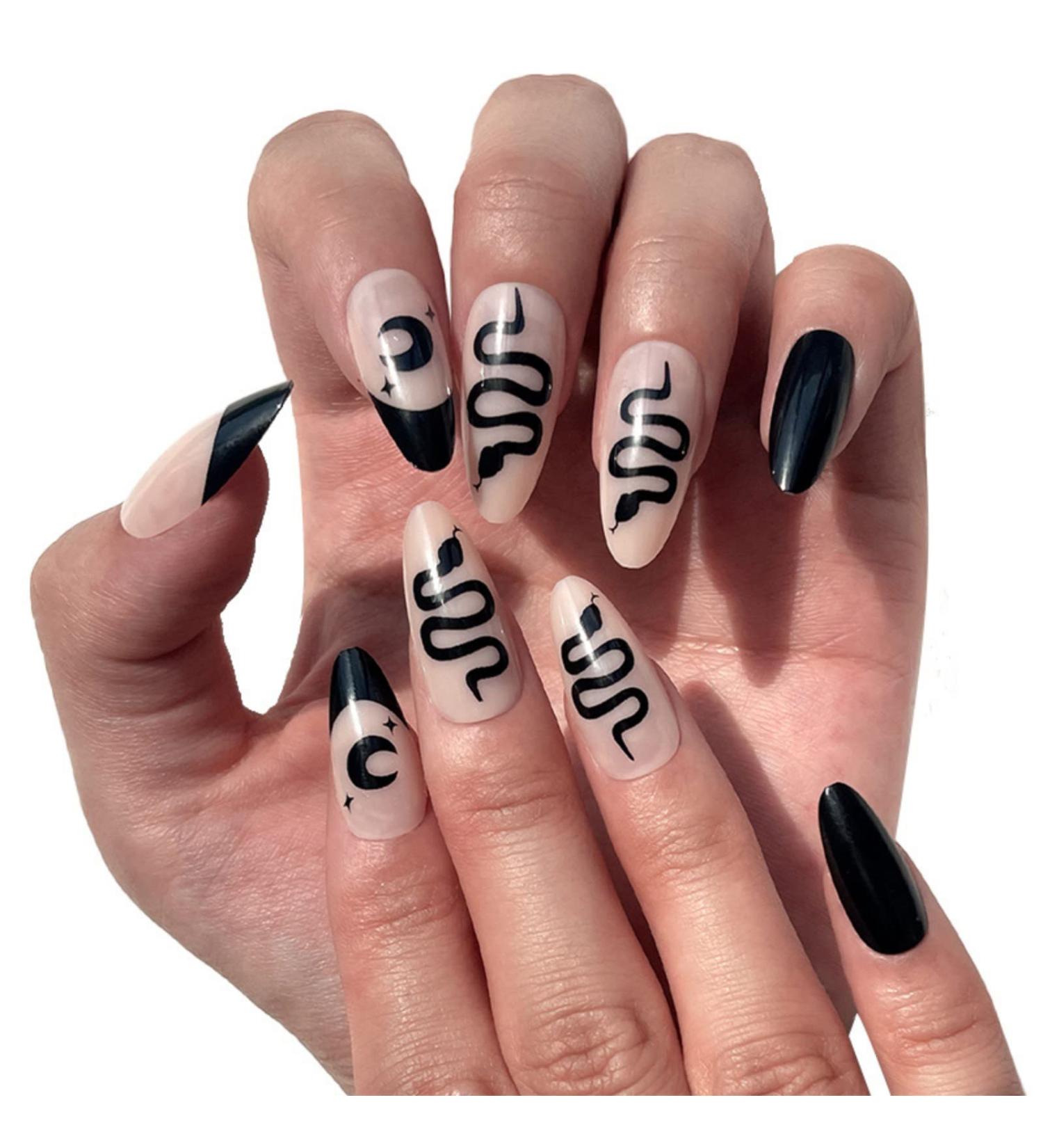 Justotry 24 Pieces Moon Almond Nails - Short Black French Artificial Press-On Nails | Snake Oval Acrylic Fingernails for Women - Buy Online on GoSupps.com