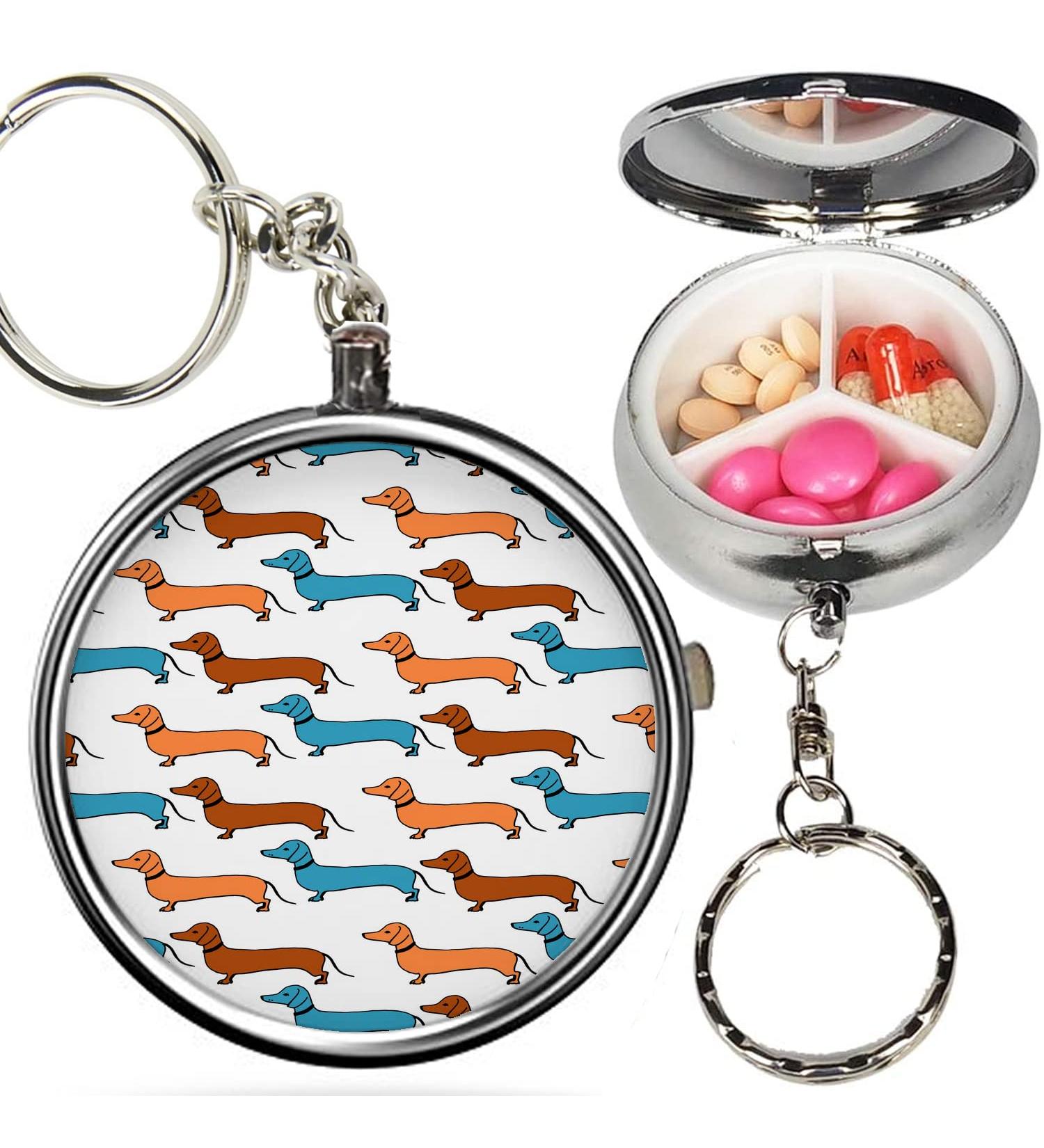 Pack of 2 - Portable Pill Organizer ( Cartoon Multicolor Dachshunds ) Metal Medicine Box 3 Compartment Stash Vitamin Meds Case with Keychain