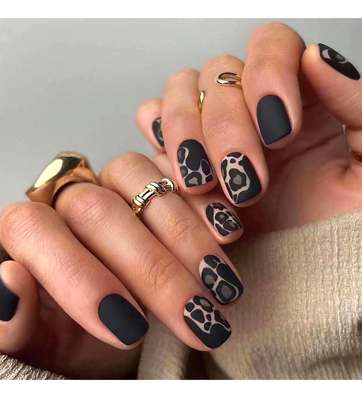 Leopard Print Short Black Press on Nails - Square Nail Tips Set - Frosted Texture False Nails Kit for Women - 24pcs - Buy Online on GoSupps.com