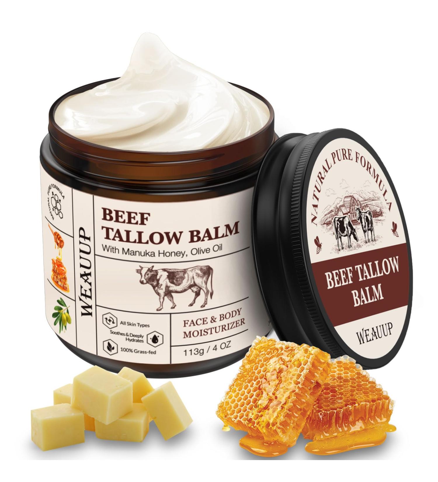 WEAUUP Beef Tallow for Skin Organic Grass Fed Whipped Beef Tallow Balm Tallow and Honey Balm with Raw Honey and Beeswax Nourishing Moisturizer for Face & Body Natural Skin Care for Soft - Buy Online on GoSupps.com