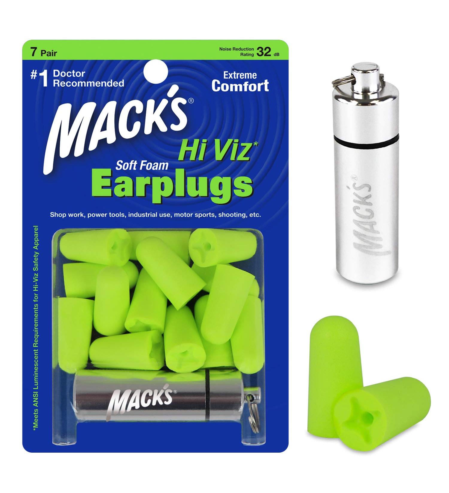 Mack's Hi Viz Soft Foam Earplugs - 7 Pair with Travel Case | 32dB NRR | Comfortable & Safe for Work Industrial and Motorsports - International Shipping Available - Buy Online on GoSupps.com
