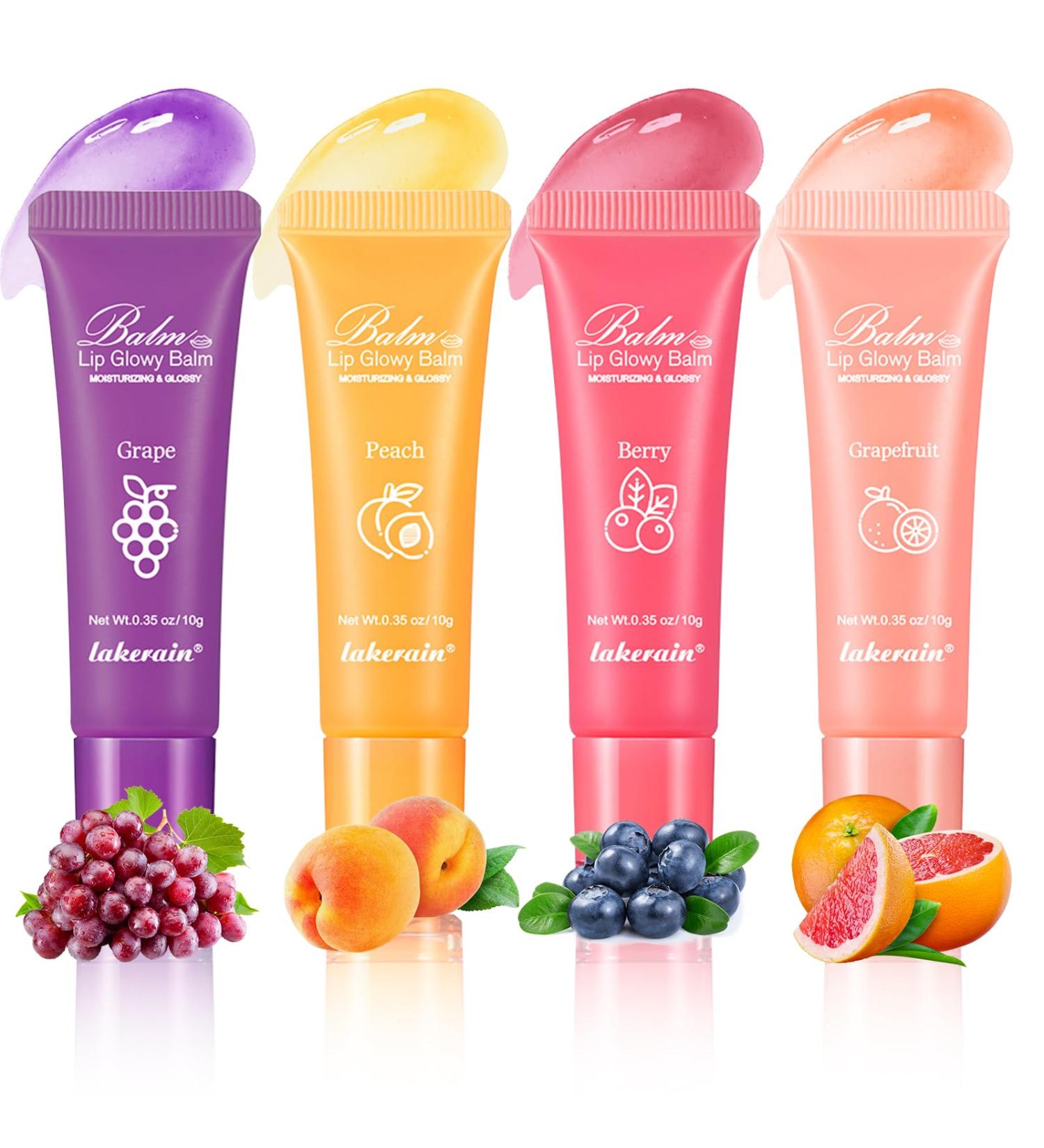 4 Pcs Moisturizing Fruit Lip Balm Set - Plumping Lip Gloss & Serum Lip Treatment | Skincare Lip Care Gifts for Women - Grape Peach Berry Grapefruit - Buy Online on GoSupps.com