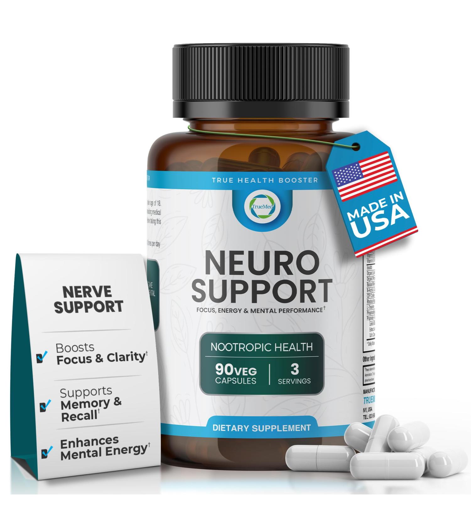TrueMed Neuro Support - Premium Nootropic Supplement for Focus Energy Mental Clarity and Performance Organic Lion s Mane Bacopa Monnieri Rhodiola Non-GMO Gluten-Free CDP Choline 90 Veg Capsules - Buy Online on GoSupps.com