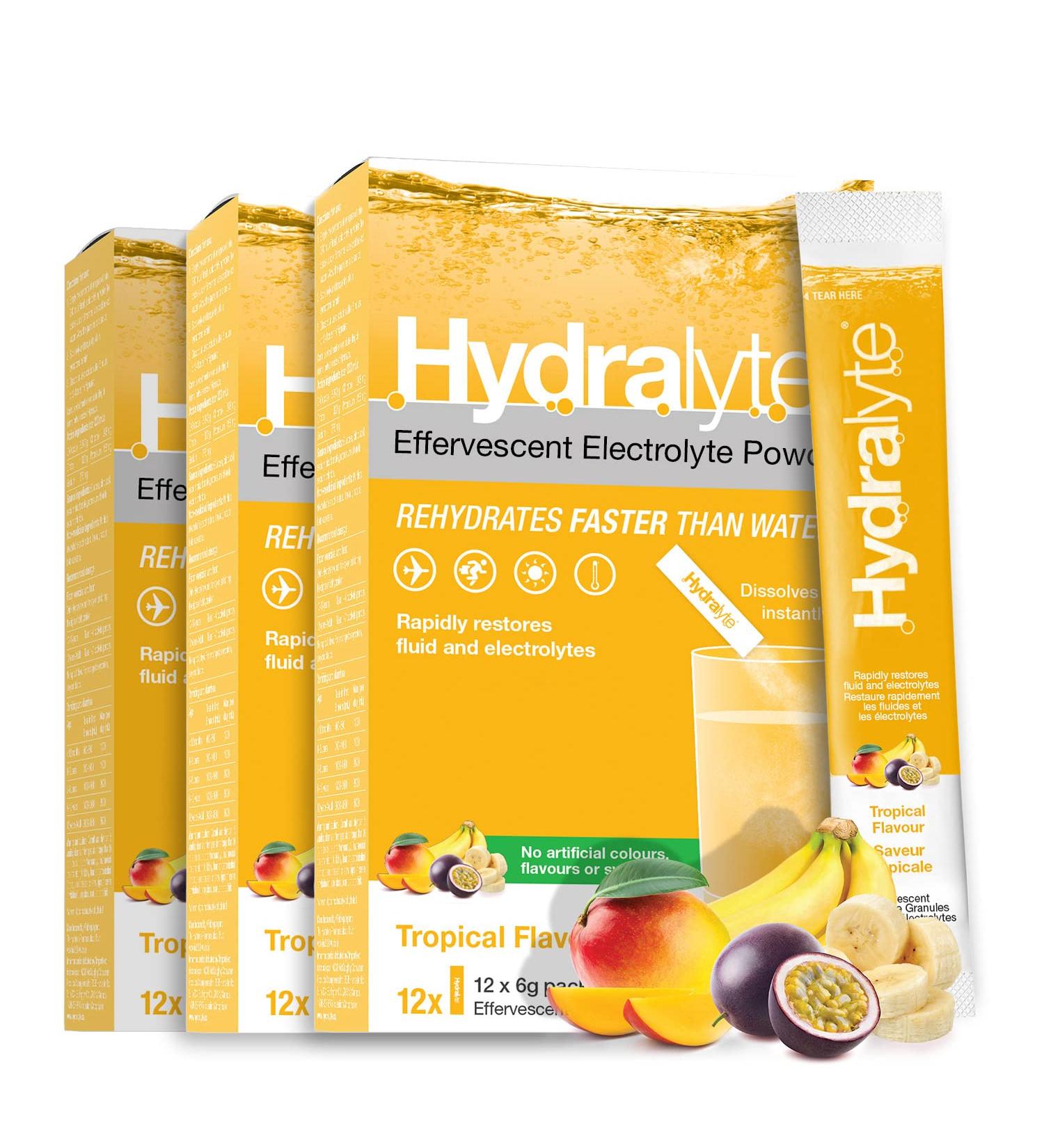 HydraLyte Electrolyte Powder Low Sugar Electrolyte Packets Designed for Rapid Hydration Safe Hydration for All Ages - Made with All Natural Ingredients 36 Servings Tropical Flavour - Buy Online on GoSupps.com