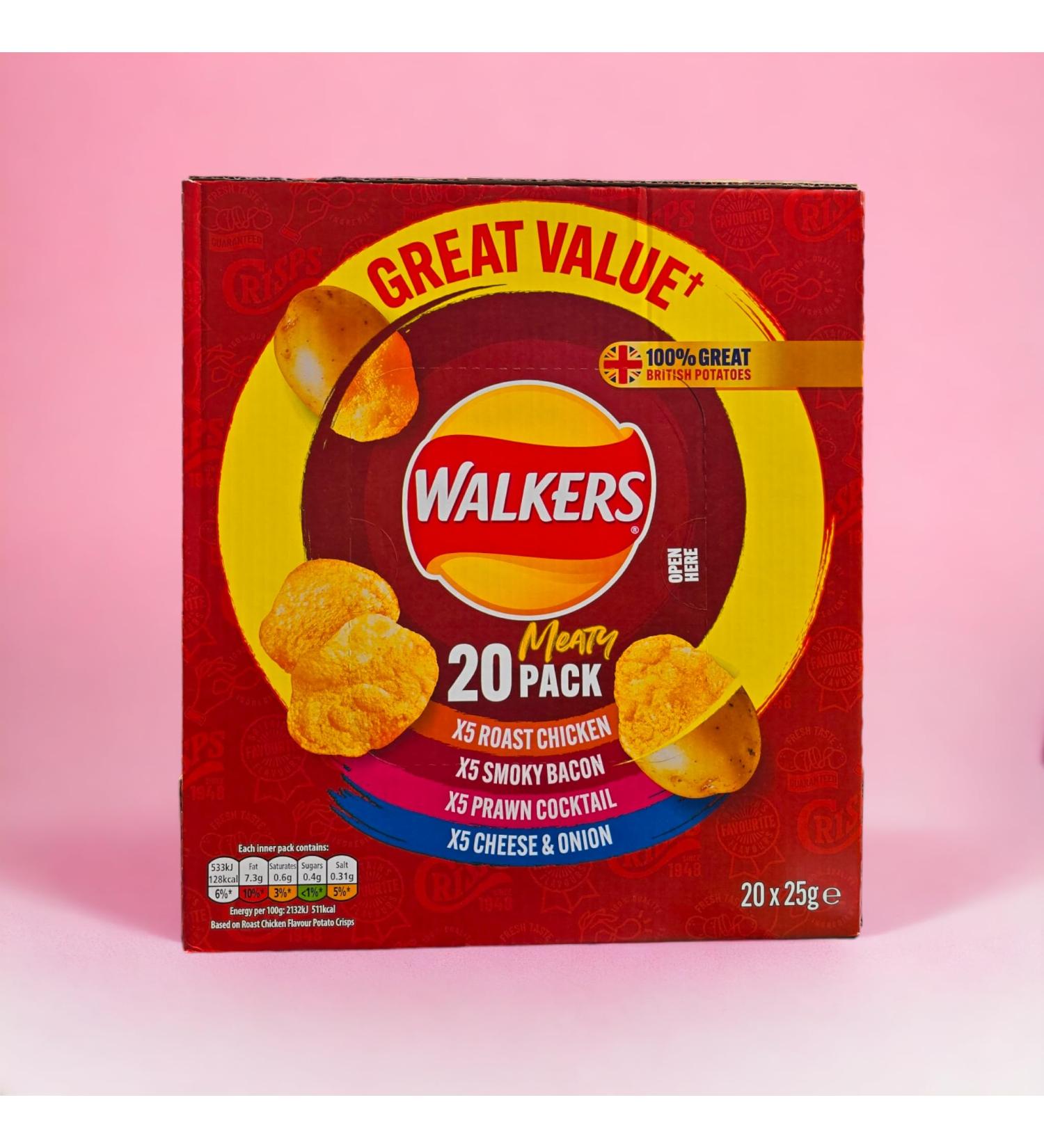 Krishna Stores Limited Walkers Meaty Variety Multipack Crisps Box 20 x 25g Assorted Flavors for Ultimate Snacking
