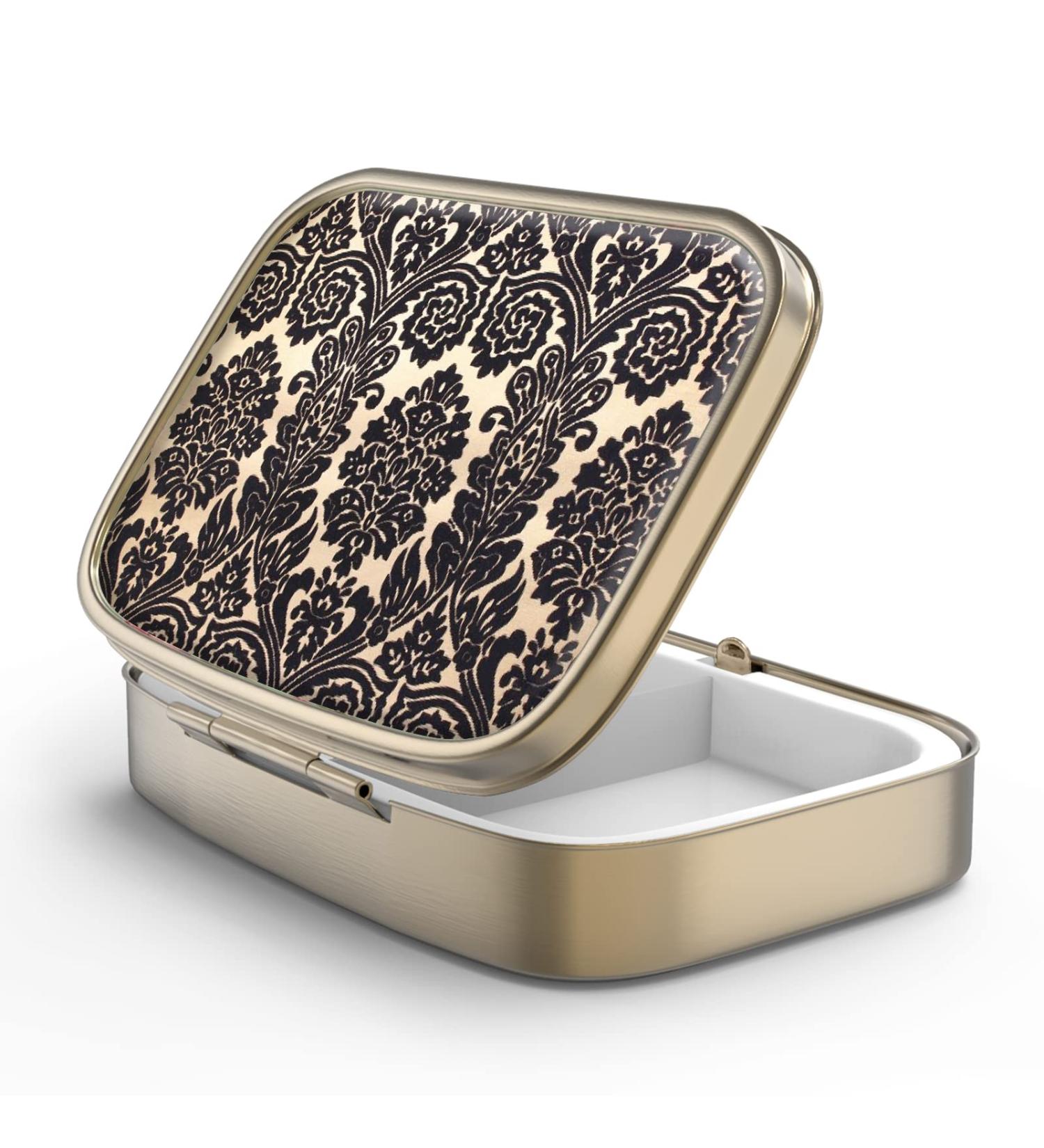 Retro Bronze Pill Box with Mirror - 2 Compartment Small Pill Organizer for Vitamins Fish Oil & Supplements | F-19 Vintage Wallpaper Design - Buy Online on GoSupps.com