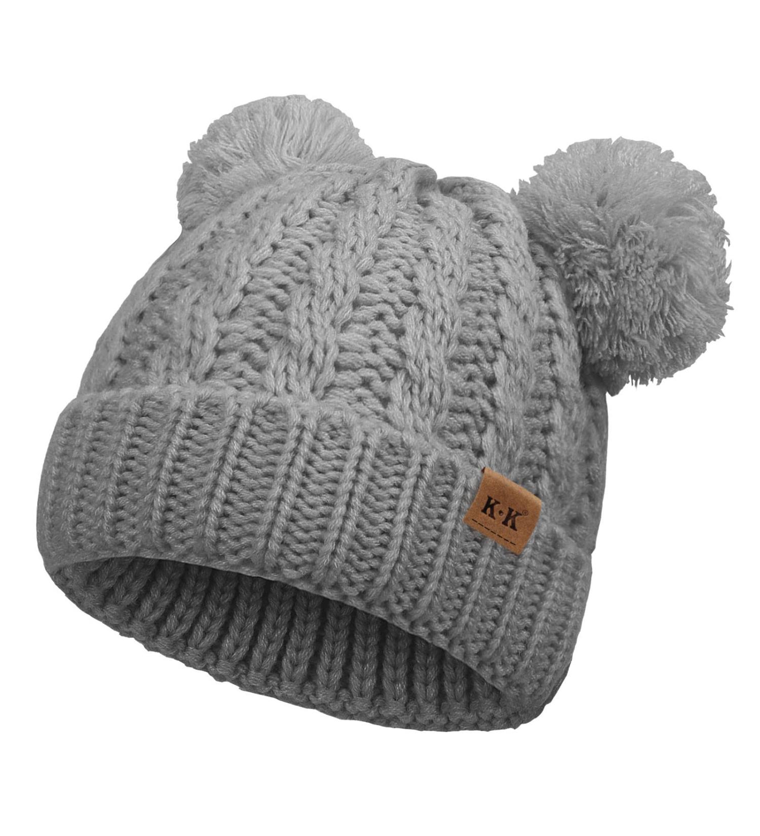 Baby Girls Double Pom Pom Bobble Hat - Toddler Winter Beanie for Kids 1-6Y, Grey - Buy Online on GoSupps.com