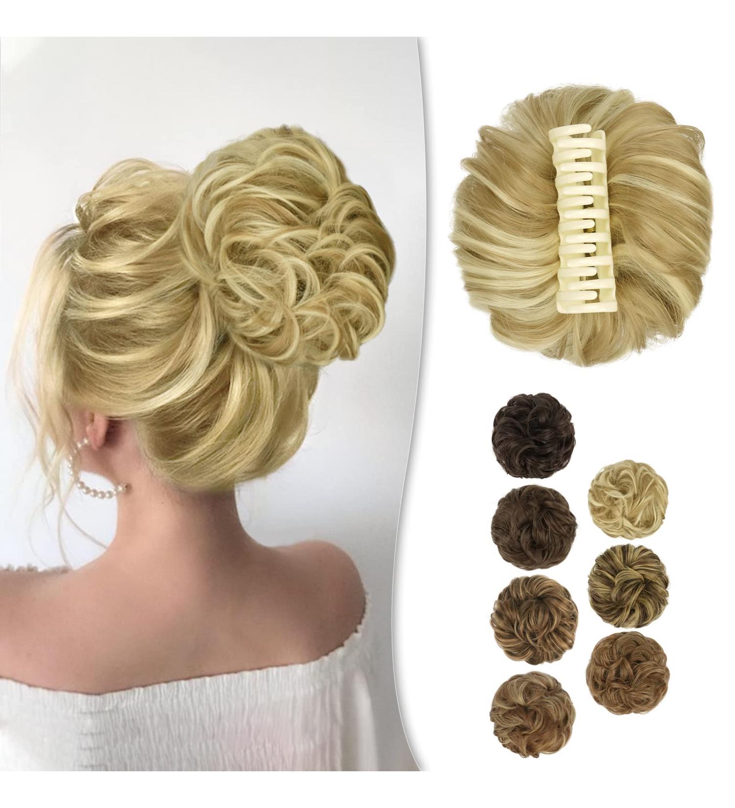 BARSDAR Claw Clip Messy Bun Hairpiece | Curly Synthetic Bun Extension for Women | 24H613# Creamy Blonde with Beige Highlights - Buy Online on GoSupps.com