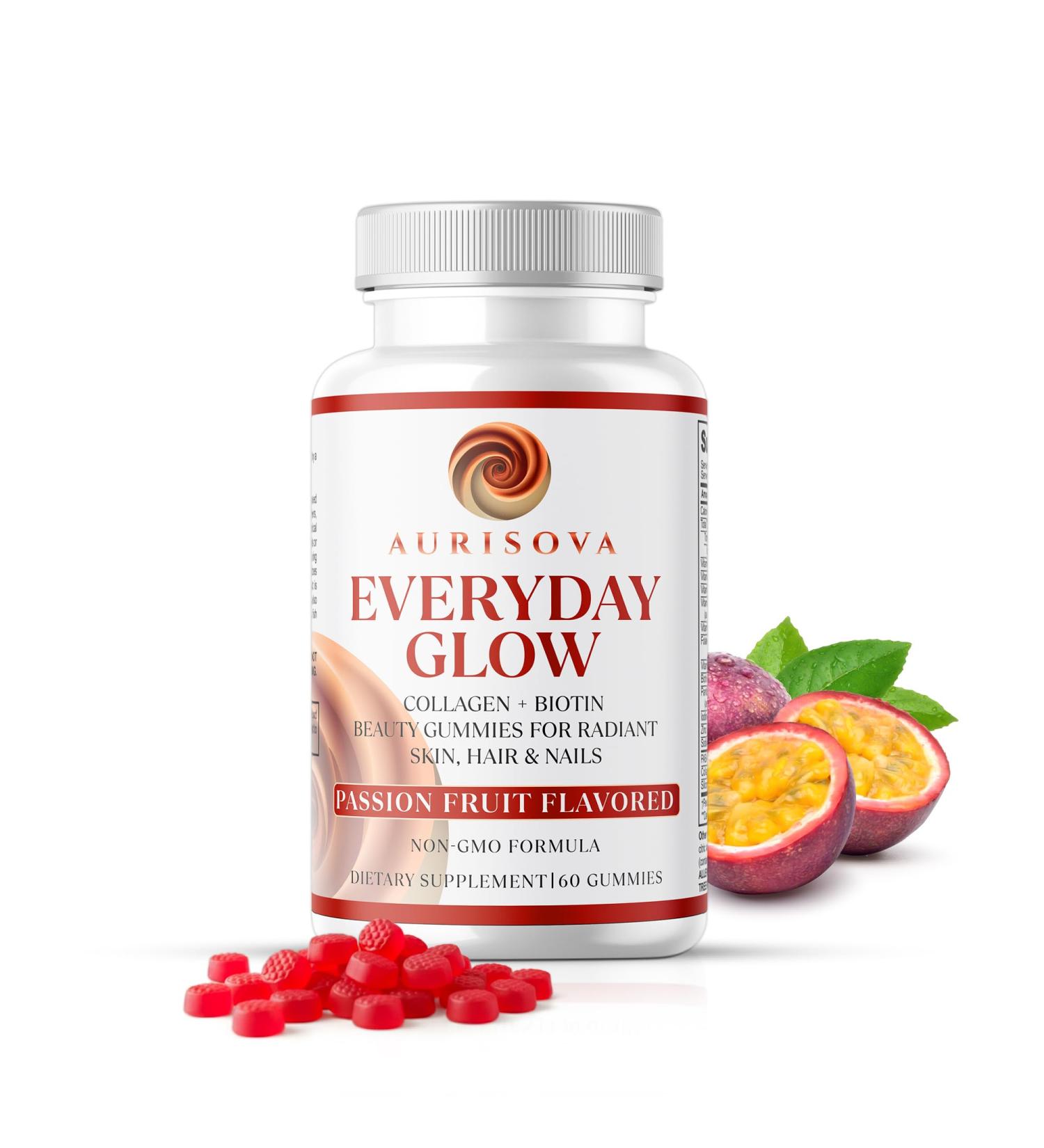 Aurisova Everyday Glow Biotin 6000mcg & Marine Collagen Gummies | Advanced Dietary Supplement for Hair Skin and Nails Vitamins with B-Complex Zinc Vitamin C & E | Passion Fruit Non-GMO 60ct - Buy Online on GoSupps.com
