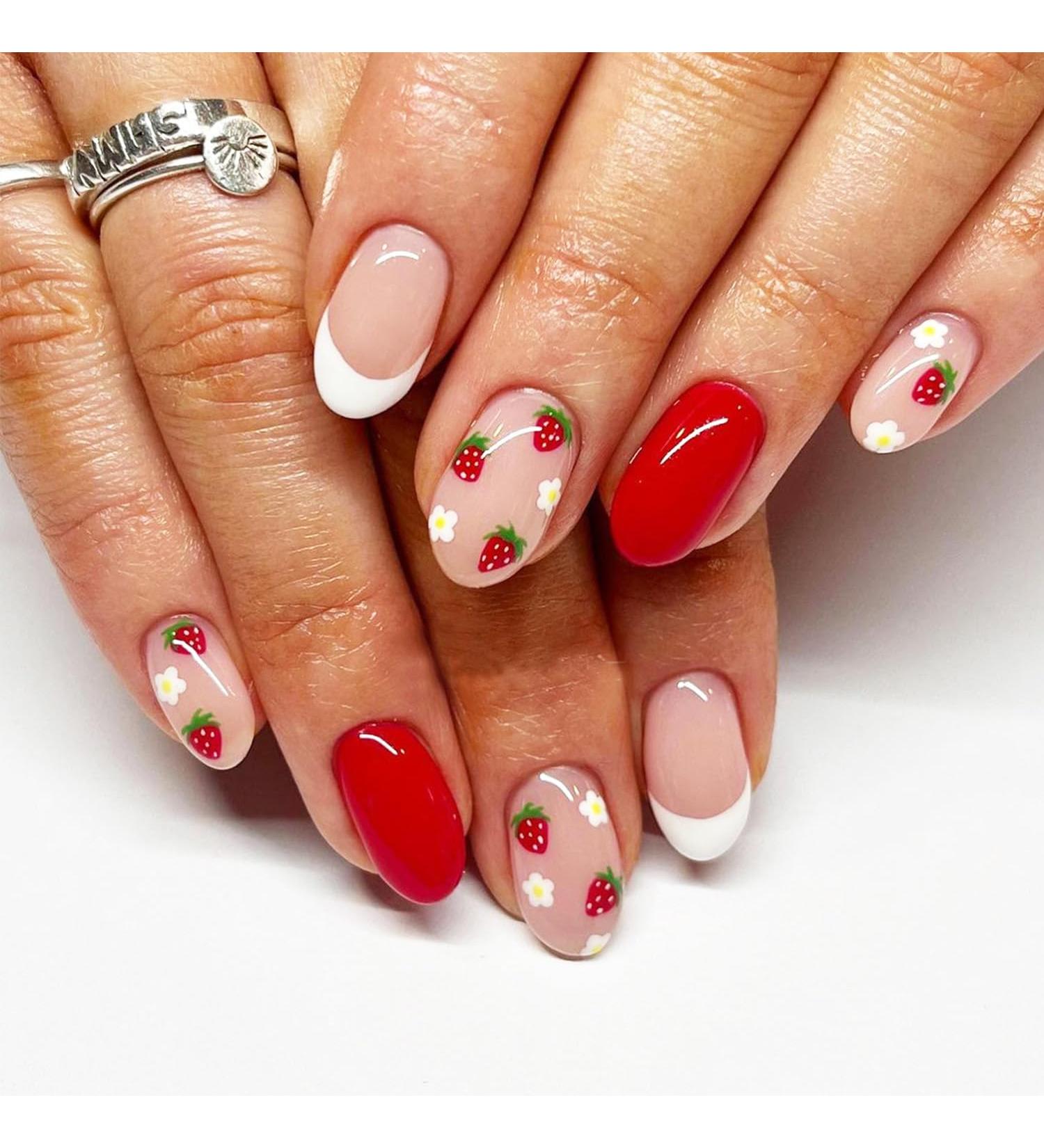 Shop Strawberry Press On Nails | Short French Tips & Glossy Red Stick On Fake Nails - Cute Almond Acrylic Full Cover for Girls - Buy Online on GoSupps.com