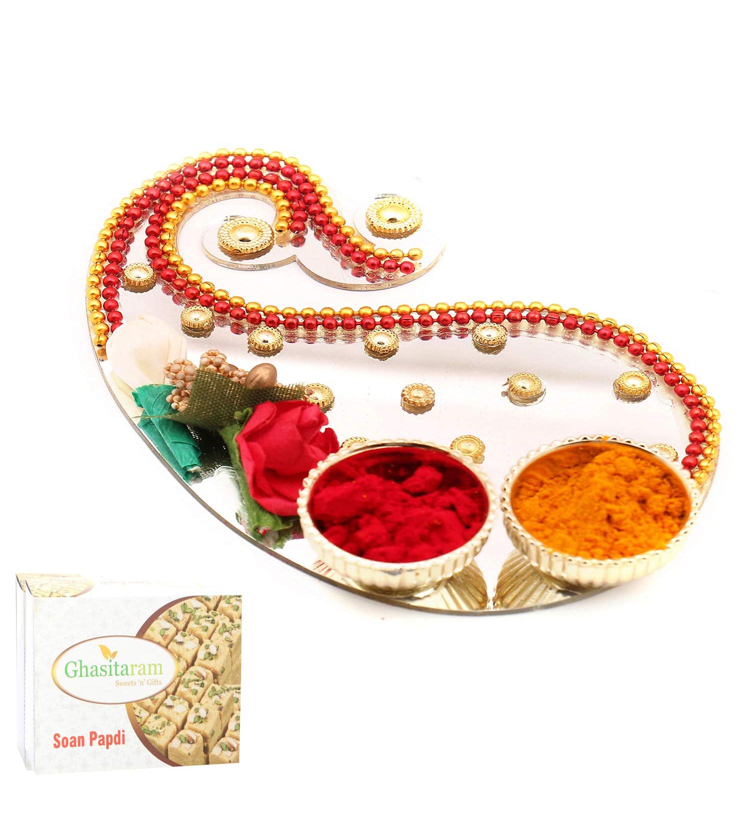 Ghasitaram Gifts Bhaidooj Gifts - Mango Acrylic Roli Chawal Container with 400 GMS Soan Papdi - Buy Online on GoSupps.com
