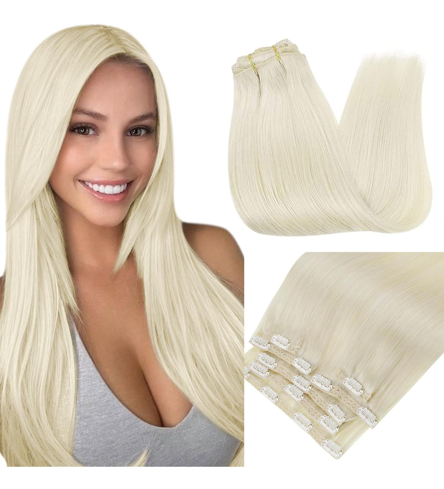 Runature Platinblond Real Human Hair Clip-in Extensions - 40cm 120g Remy Hair Cancer Wigs 16 Inch #60 7 Pieces - Buy Online on GoSupps.com