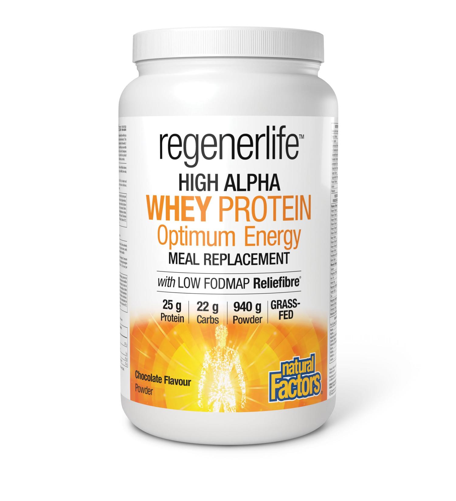 Natural Factors Regenerlife High Alpha Whey Protein Chocolate Flavour 940g powder Helps You Feel Full for Longer 25g of protein plus 5g of Low-FODMAP Reliefibre Grass-Fed Whey - Buy Online on GoSupps.com