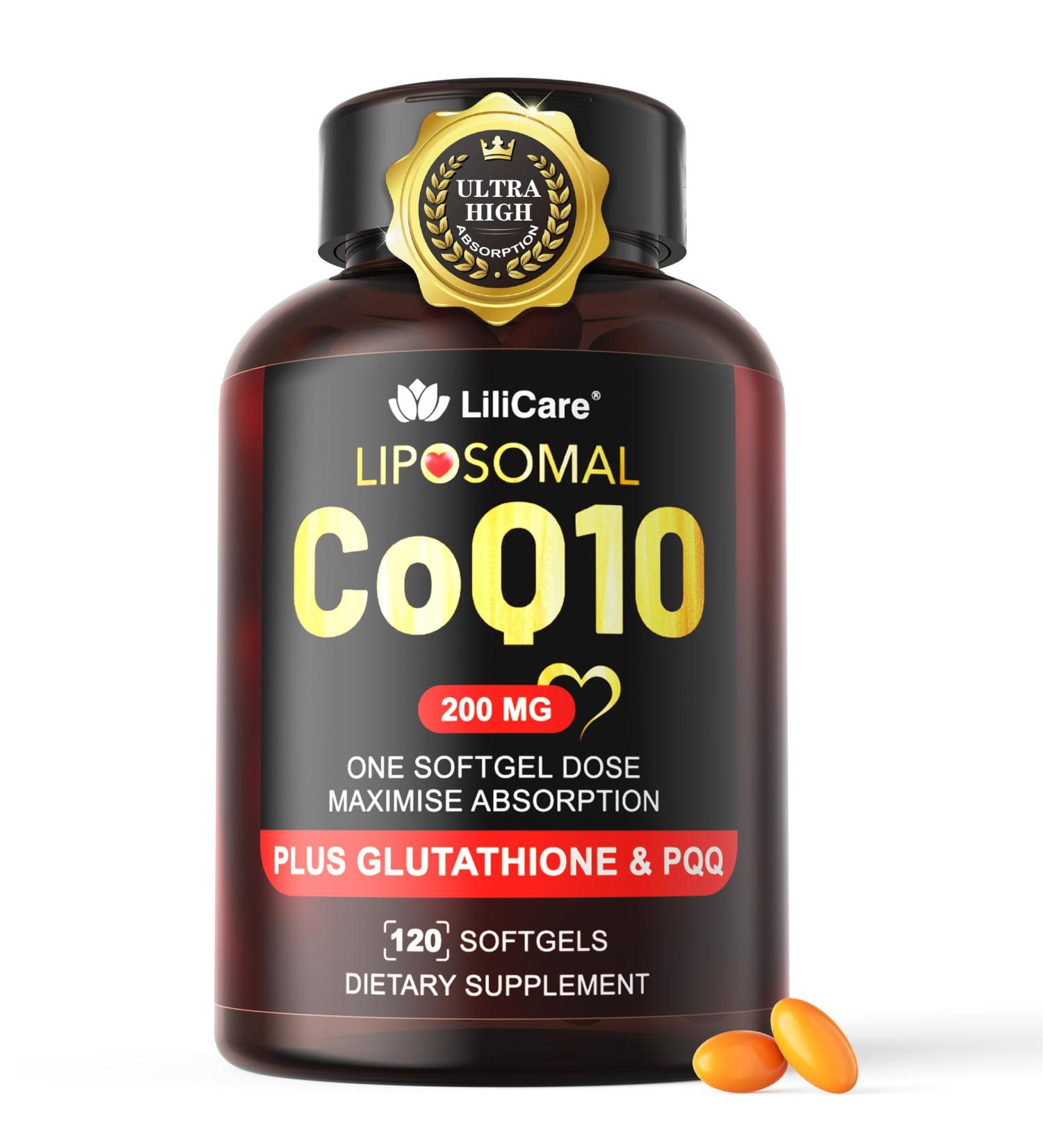 CoQ10-200mg-Softgels, 120 Servings Liposomal CoQ10 PQQ & Black Pepper Extract for Maximum Absorption - Ultra Ubiquinone Coenzyme Q10 Supplement Powerful Antioxidant Supports Hear-t & Energy Boost - Buy Online on GoSupps.com