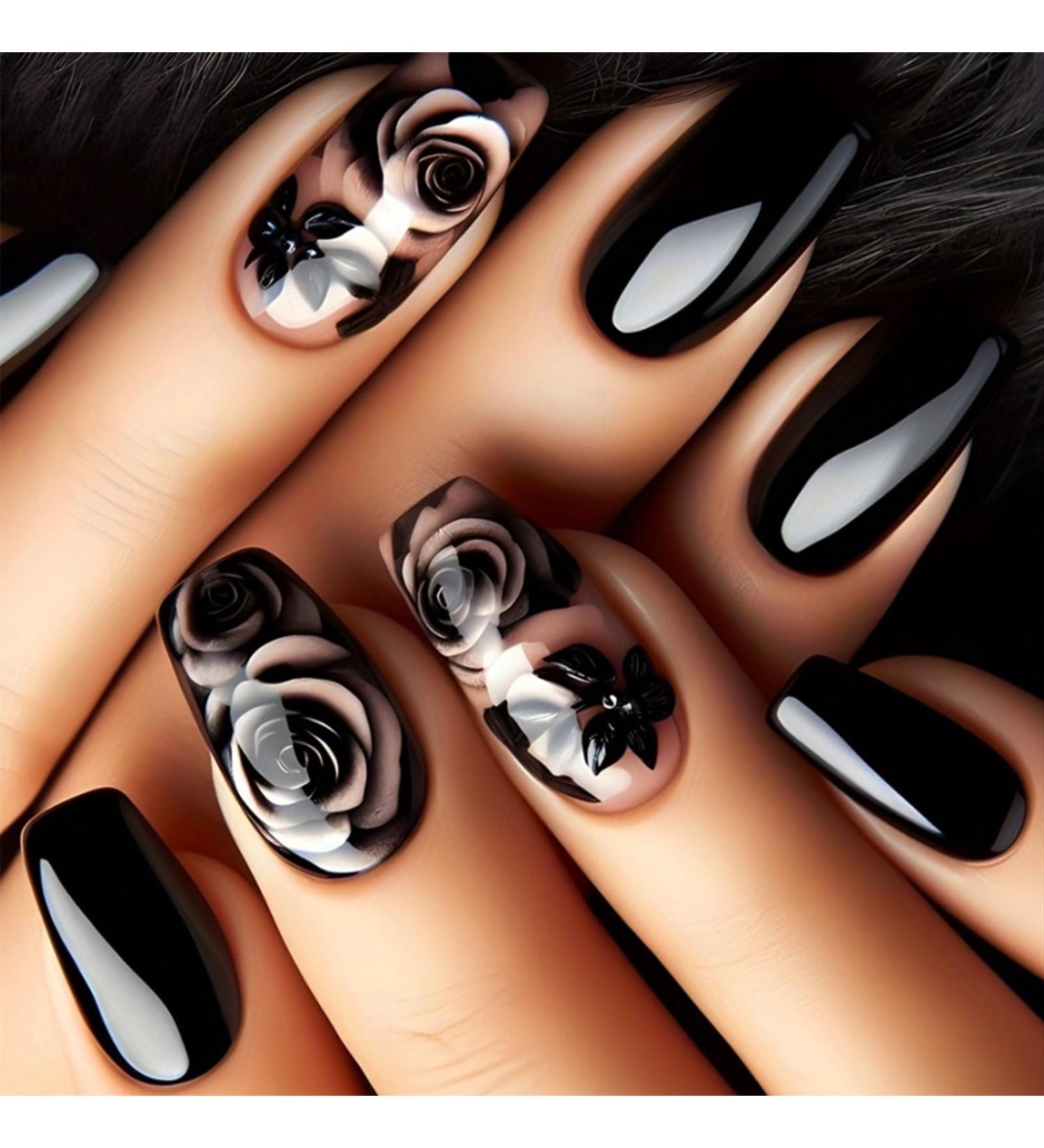 Rose Flower Press-On Nails for DIY Manicure | 24 Glossy Black Acrylic Coffin Fake Nails with Gel Glue - Chic Rose Design for Women & Girls - Buy Online on GoSupps.com