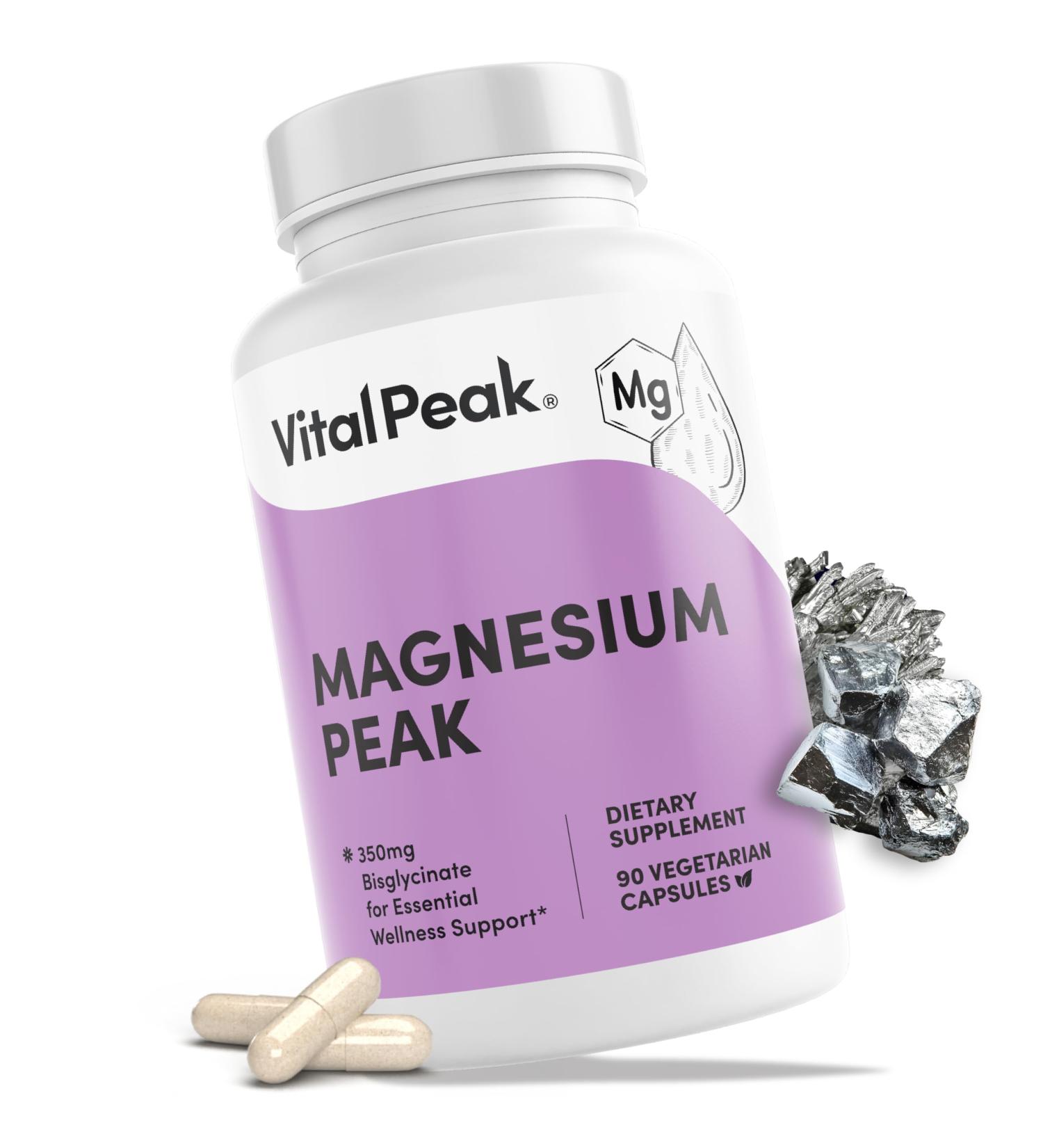 Vital Peak Magnesium 350 mg - Natural High Absorption Magnesium Bisglycinate Supplement - Mag Pills for Women & Men- Vegan Gluten Free Dairy Free Non-GMO - 90 Capsules - Buy Online on GoSupps.com