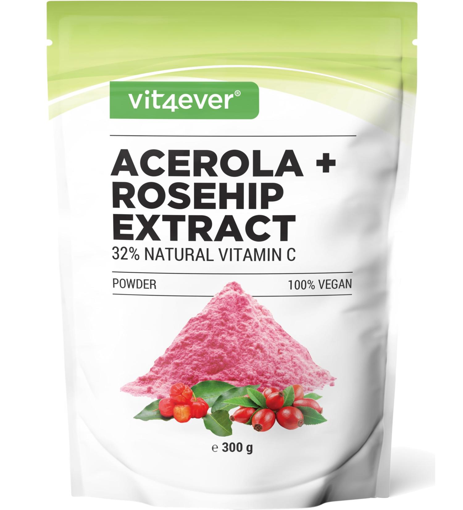 vit4ever Poudre d ac rola & cynorrhodon 300 g r serve de 6 6 mois 200 portions avec 1500mg d extrait dont 485mg de vitamine C naturelle base d ac rola et de cynorrhodon vegan sans additifs 300 g (Lot de 1) - Buy Online on GoSupps.com