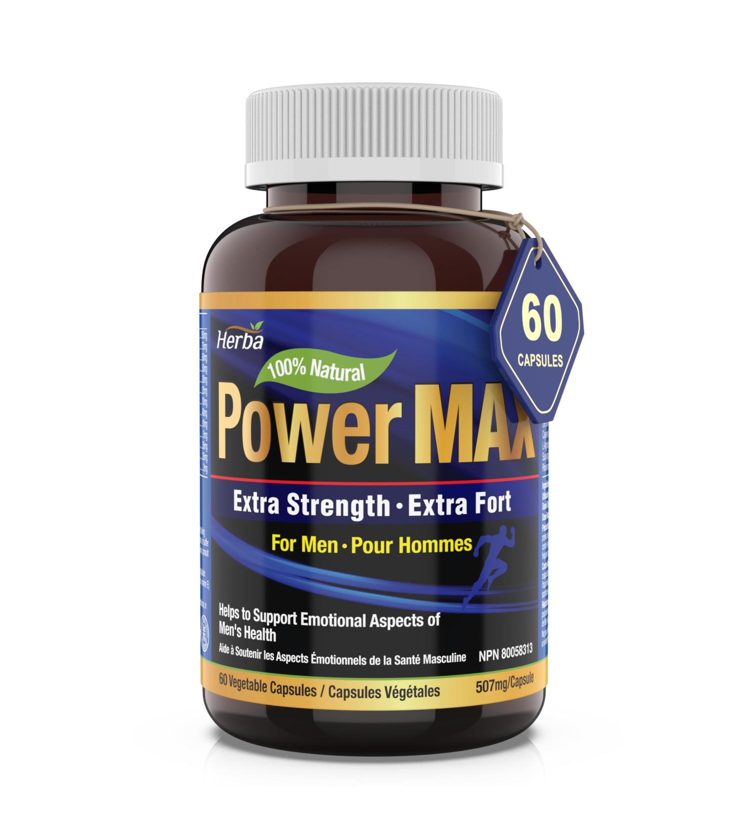 Herba Testosterone Supplements for Men - 60 Capsules | Tribulus Ashwagandha Panax Ginseng Maca and 9 Other Ingredients | Natural Testosterone Boosters for Men | Made in Canada | Power Max - Buy Online on GoSupps.com