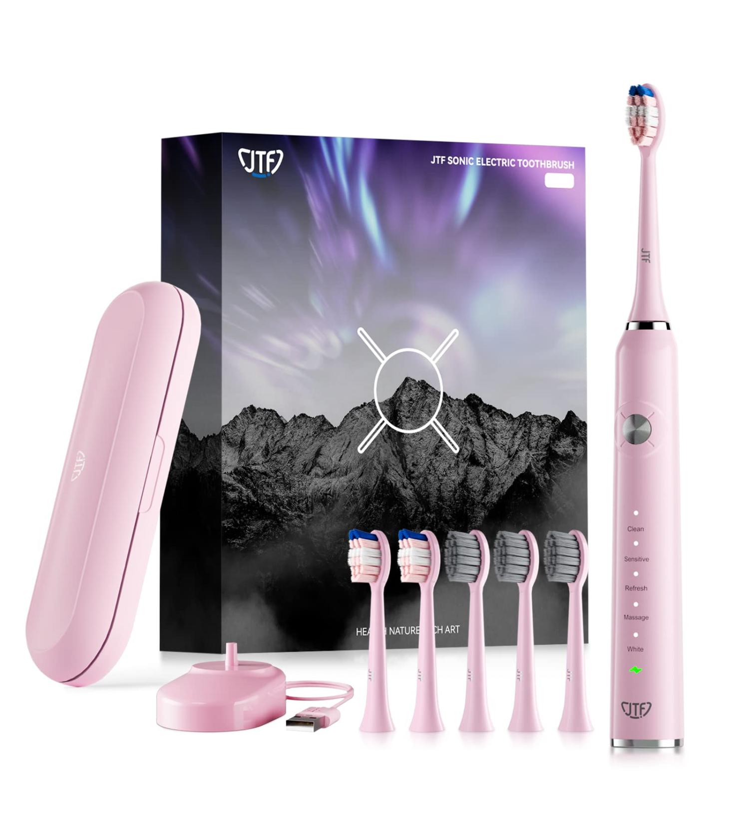 JTF Electric Toothbrush - 6 Brush Heads Travel Case Wireless Fast Charging Smart Timer 5 Modes - Ideal Mother's Day Gift in Pink - Buy Online on GoSupps.com