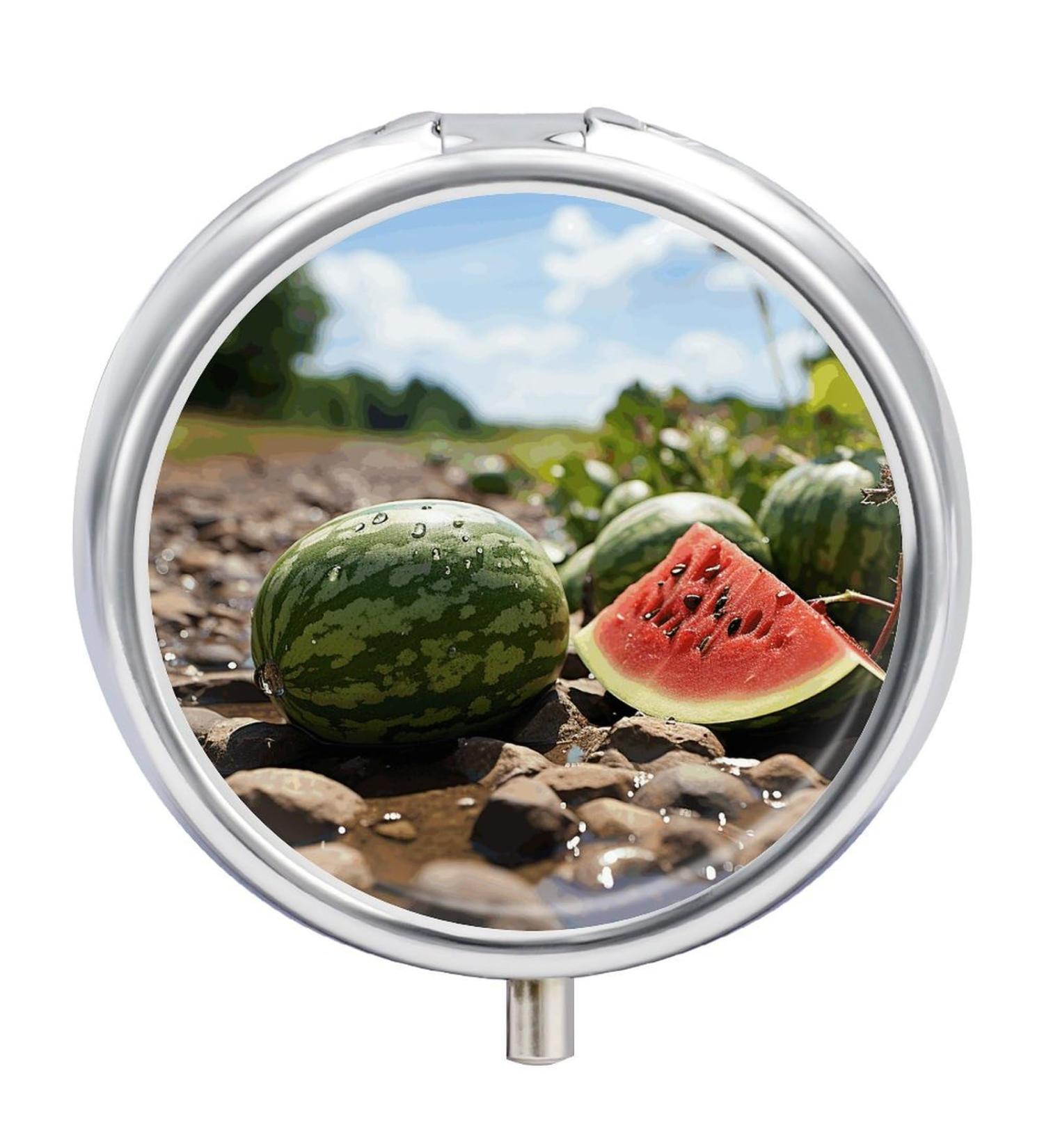 Round Watermelon Print Pill Box | 3 Compartment Portable Medicine Organizer | Decorative Metal Pocket Pill Case - Buy Online on GoSupps.com