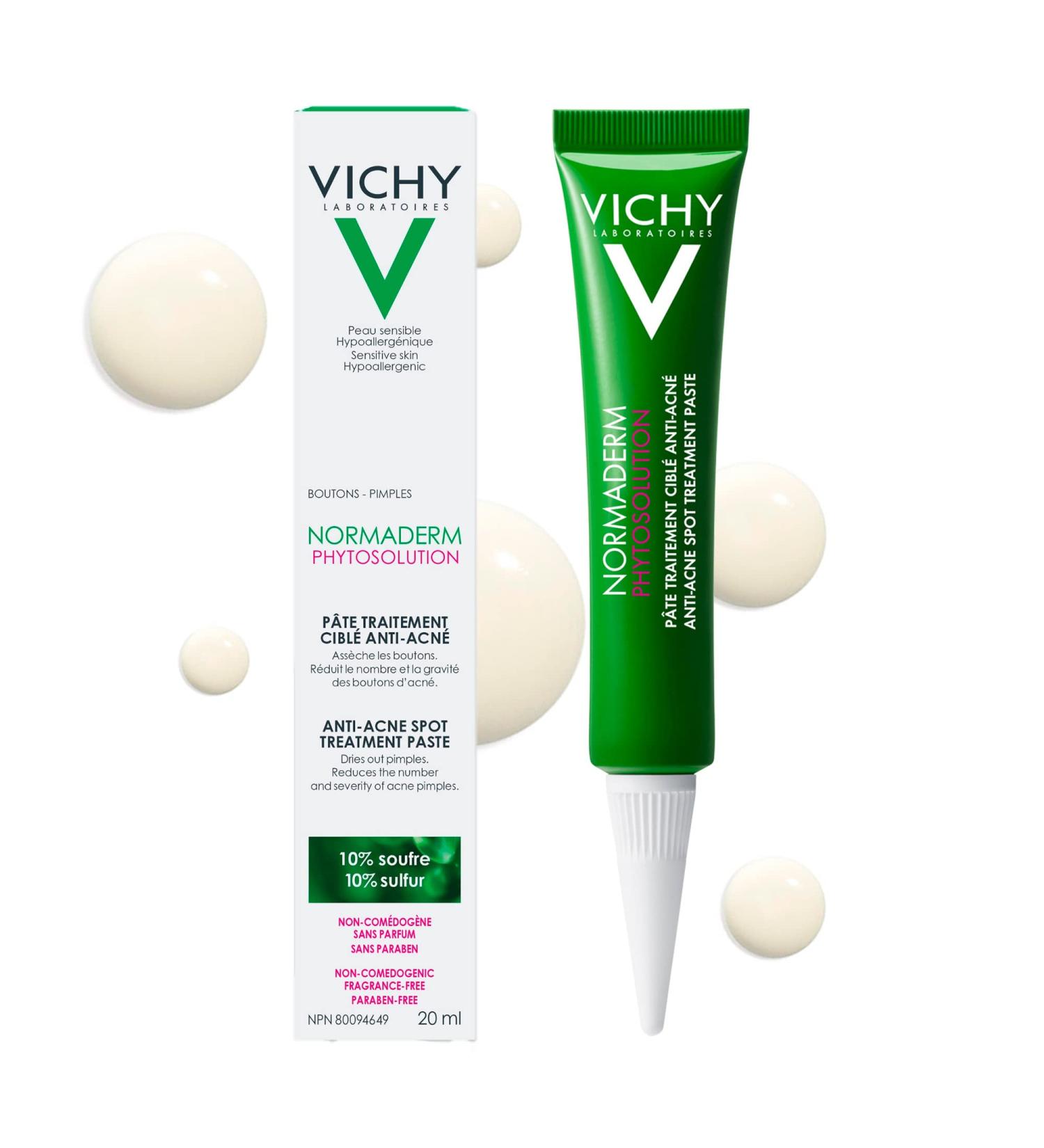 Vichy Normaderm Anti-Acne Spot Treatment With 10% Sulfur Glycolic Acid & Niacinamide Vitamin B3. Dries out pimples overnight prevents acne blemishes. Fragrance-free Dermatologists-recommended 20ML - Buy Online on GoSupps.com
