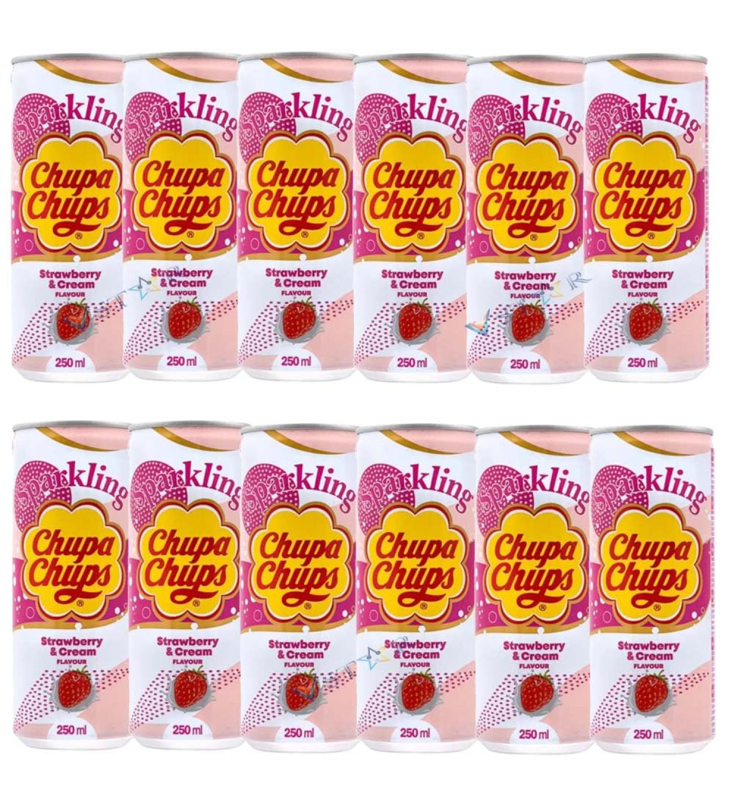Chupa Chups Sparkling Grape Raspberry And Cream Melon And Cream & Strawberry And Cream Soda Can 250ml (12 Chupa Chups Sparkling Strawberry And Cream Soda Can) Chupa Chups Sparkling Strawberry And Cream Soda Can 12