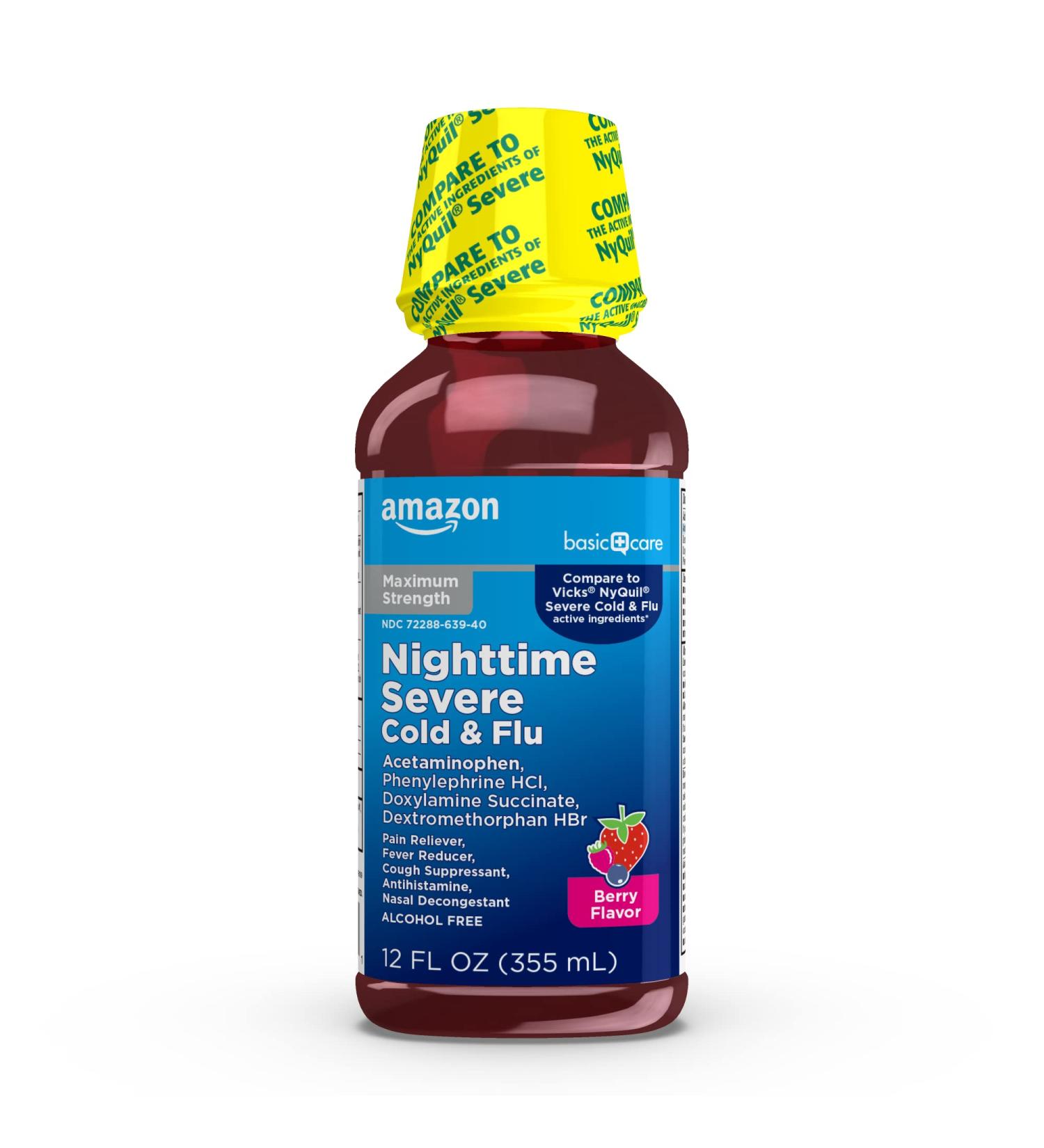 Amazon Basic Care Nighttime Severe Cold and Flu Max Strength Liquid Cold Medicine  Multi-Symptom Relief  for Adults and Children 12 Years and Older  Mixed Berry Flavor  12 Fluid Ounces Berry Flavor Nighttime - Buy Online on GoSupps.com