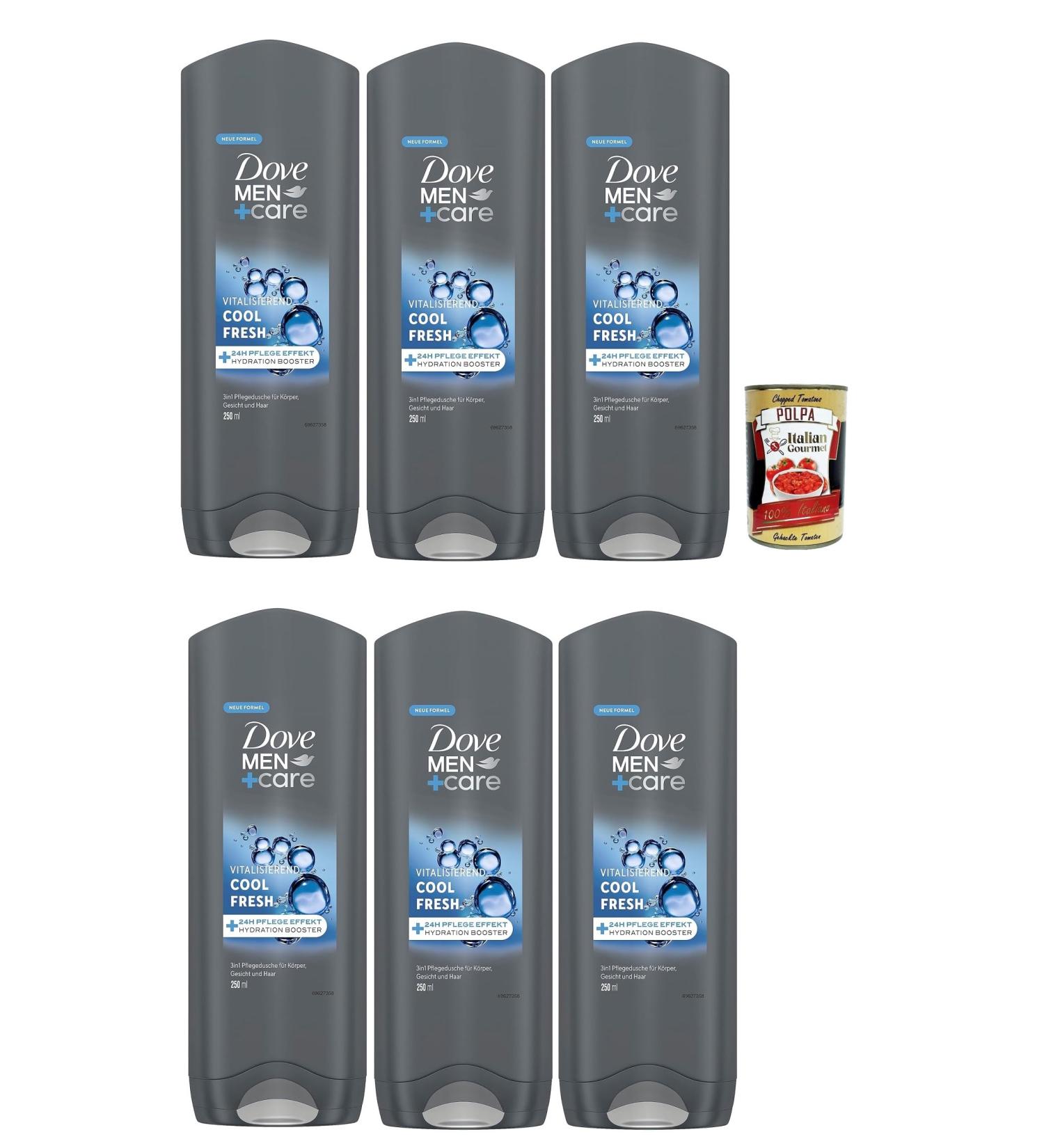  Italian Gourmet E.R. Dove Men+Care 3-in-1 Cool Fresh Body Wash for Body Face and Hair with 24-Hour Care Effect 6 x 250 ml + Polpa Italian Gourmet 400 g - Buy Online on GoSupps.com