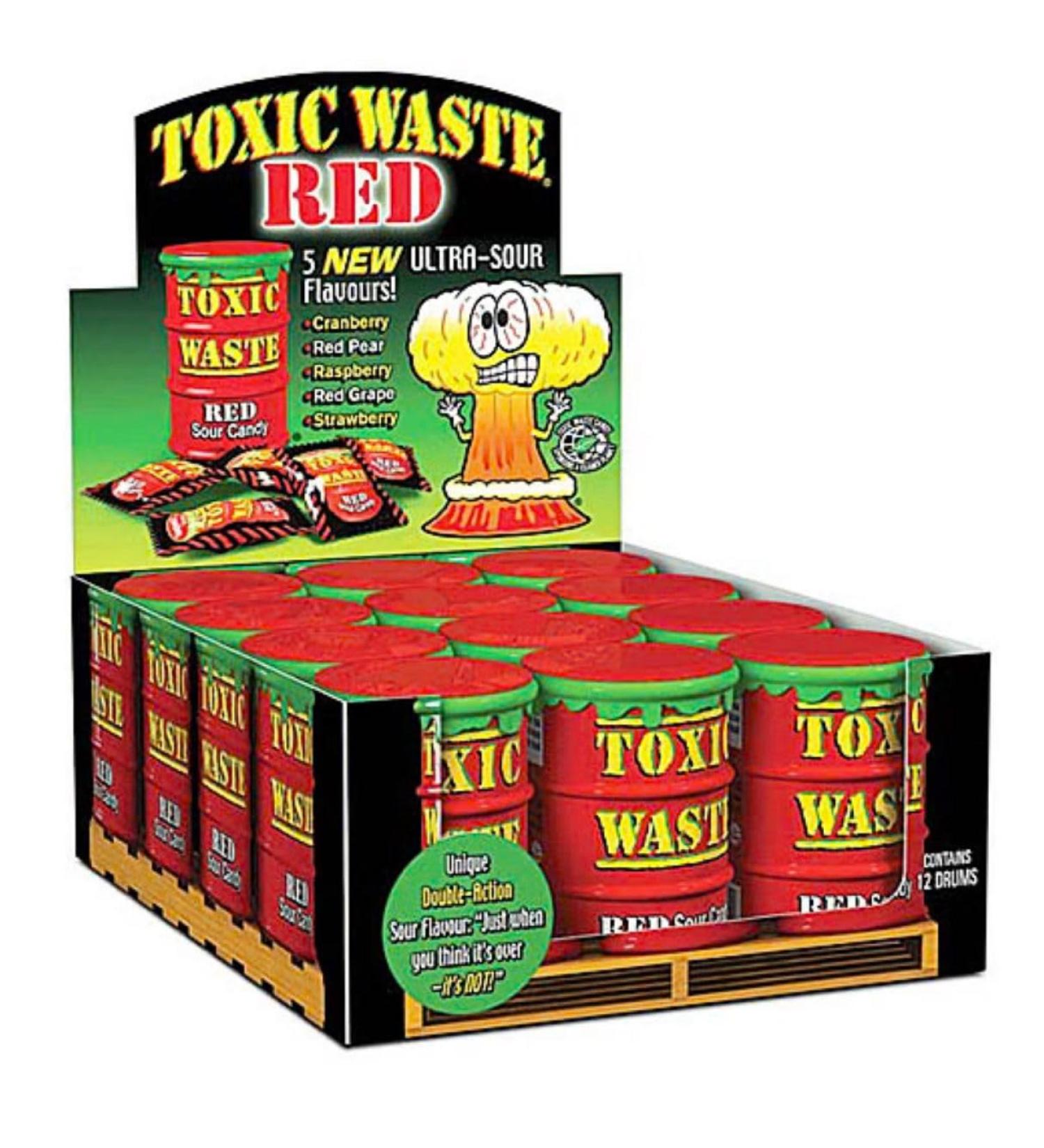 Toxic Waste Candy Red Drums 12 pack 42g per can - Cranberry Red Pear Raspberry Grape Strawberry Original from USA