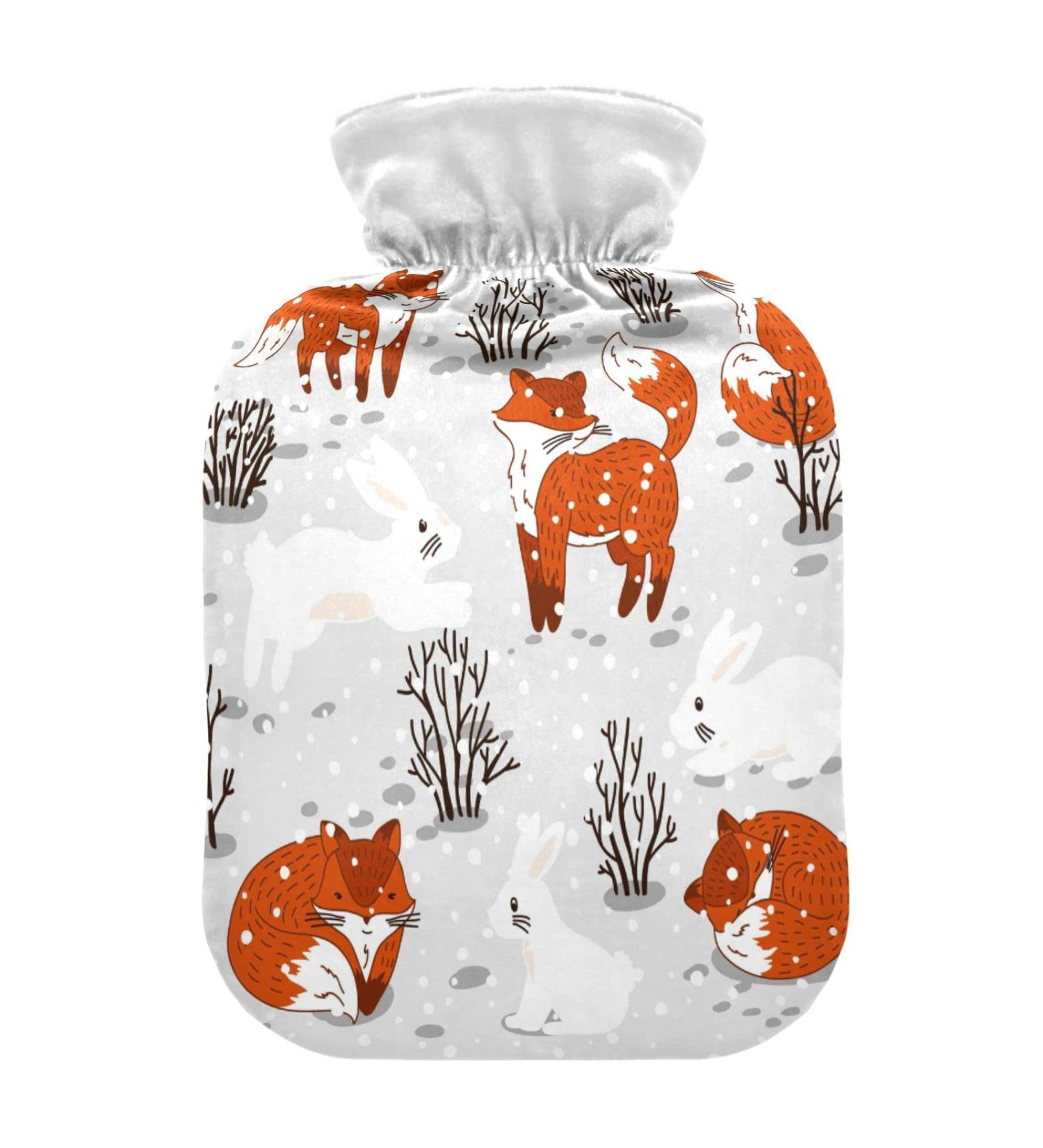 Cute Foxes & Rabbits Hot Water Bottle (1L) - Soft Warm Cover for Bed Hands Neck & Shoulders - Perfect Winter Comfort - Buy Online on GoSupps.com