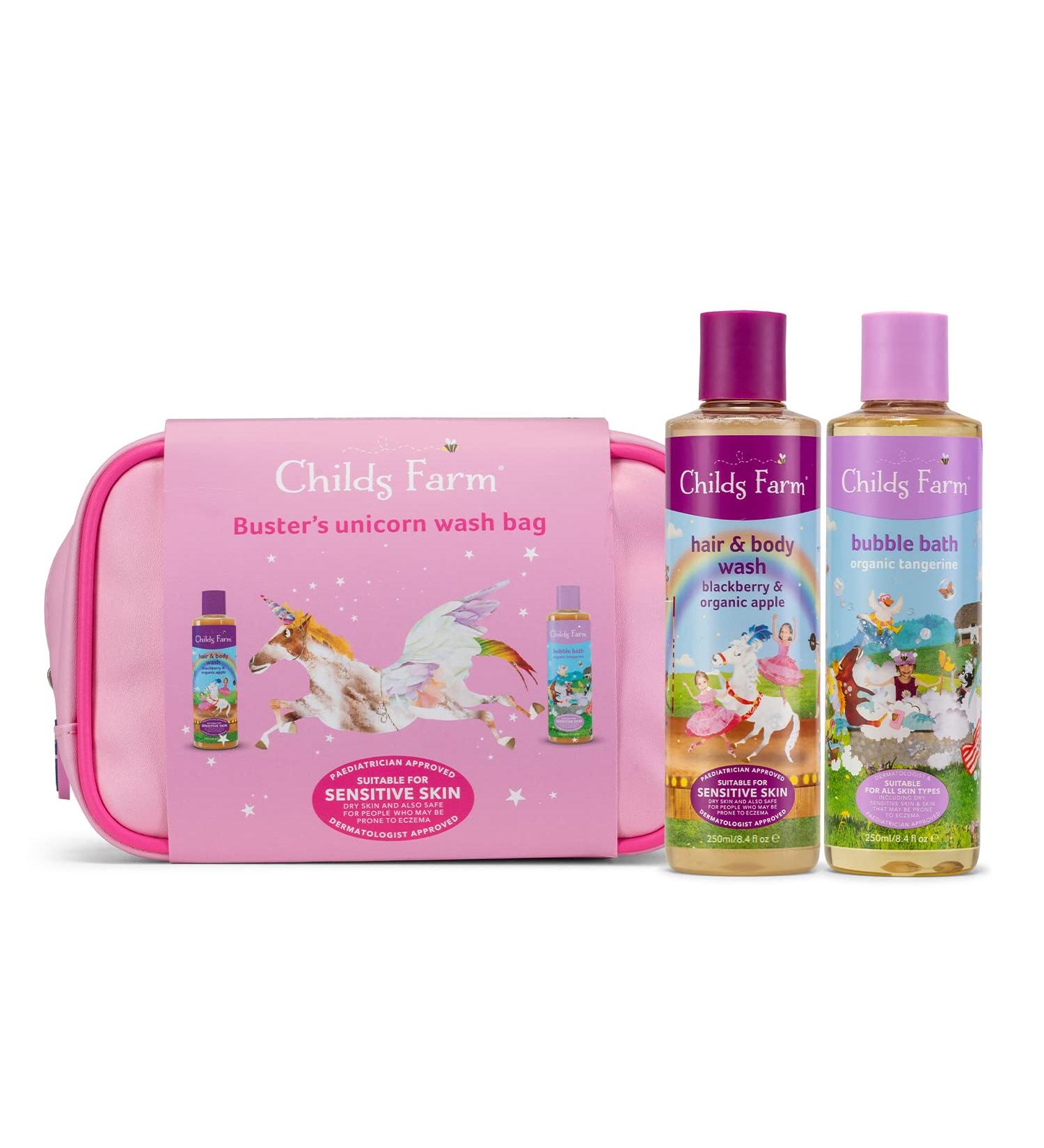 Childs Farm Kids Unicorn Luxury Wash Bag Gift Set | Organic Tangerine Bubble Bath 250ml & Blackberry Hair Body Wash 250ml | For Dry, Sensitive & Eczema-prone Skin - Buy Online on GoSupps.com