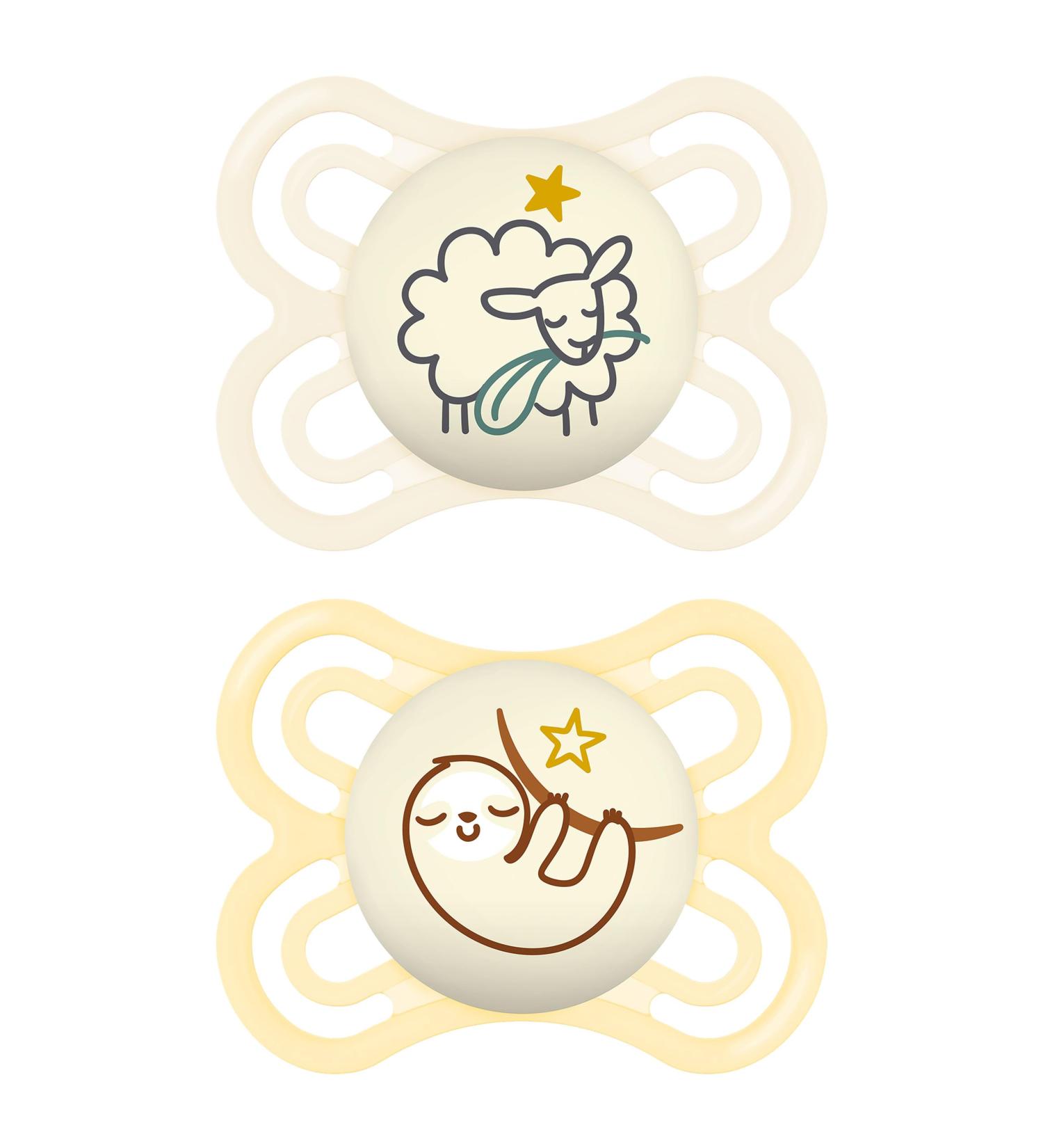 Mam Perfect Night Pacifier Set (2 Pack) - Glow in the Dark Eco-Friendly Tooth-Friendly Baby Pacifiers for 0-6 Months Includes Pacifier Box - Sheep/Sloth Design - Buy Online on GoSupps.com