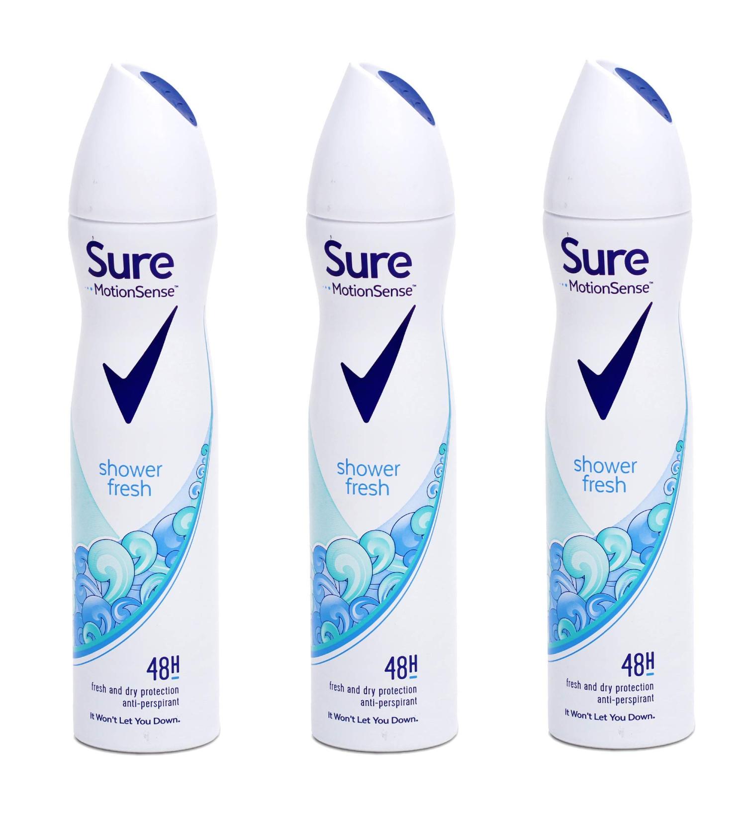 Sure Motion Sense 48 Hours Fresh and Dry Protection Antiperspirant Spray Shower Fresh 250 mL x 3 Pack