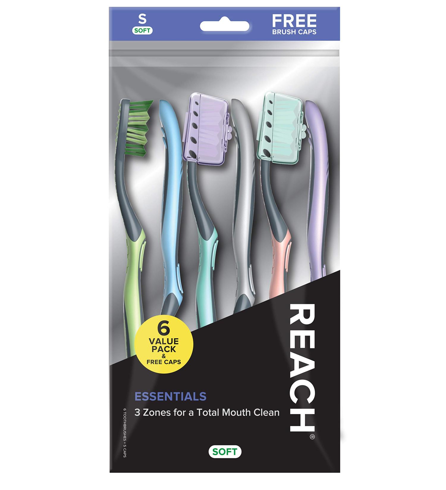 REACH Essentials Toothbrush with Caps, Multi-Zoned Angled Soft Bristles, Contoured Handle & Tongue Scraper - 6 Count - Buy Online on GoSupps.com