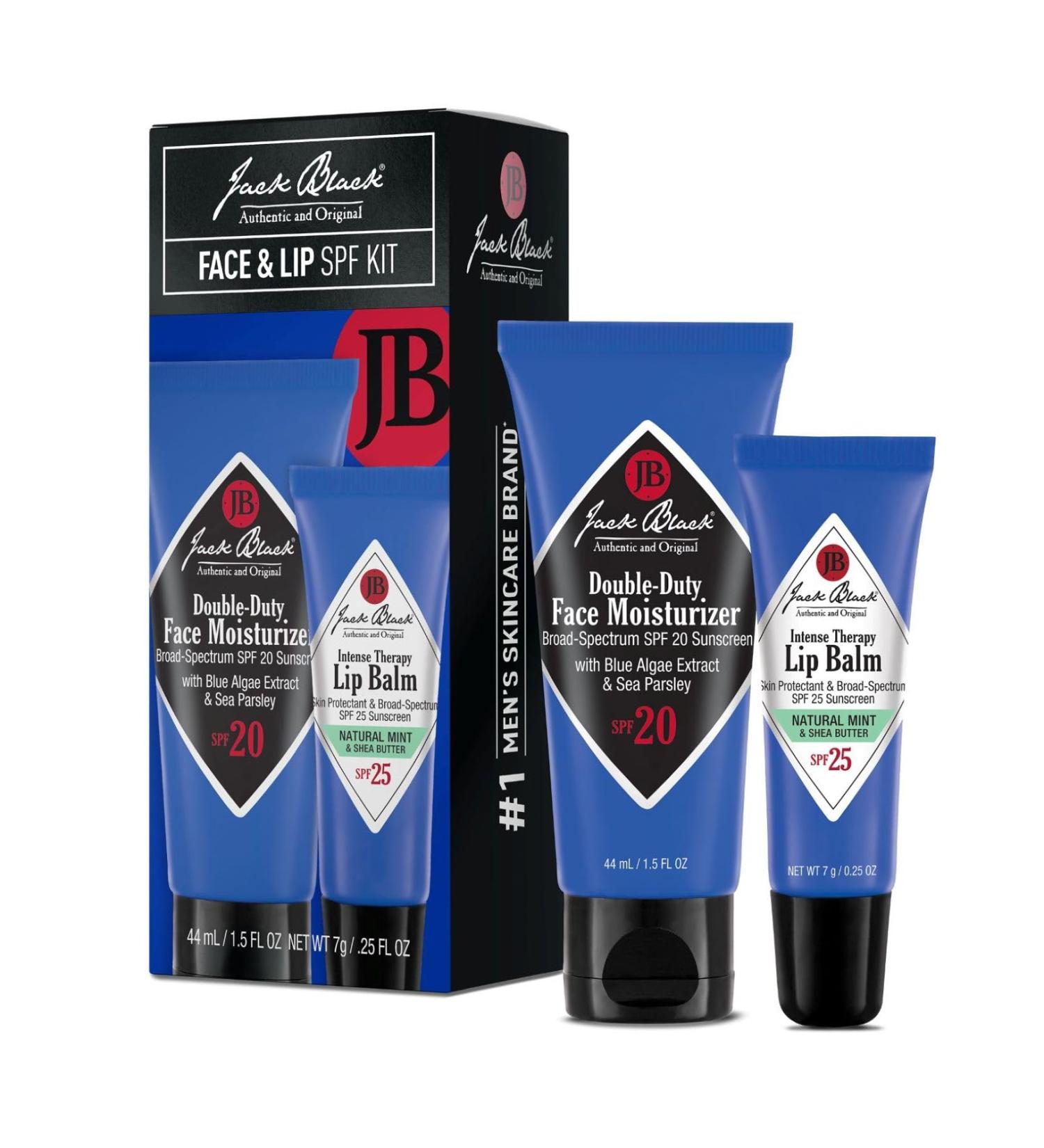 Jack Black Face & Lip Set - Double Duty Facial Moisturizer Face Cream for Men Mens Facial Lotion with SPF + Natural Mint & Shea Butter with Vitamin E Lip Balm SPF 25 Moisturizer Balm for Dry Lips