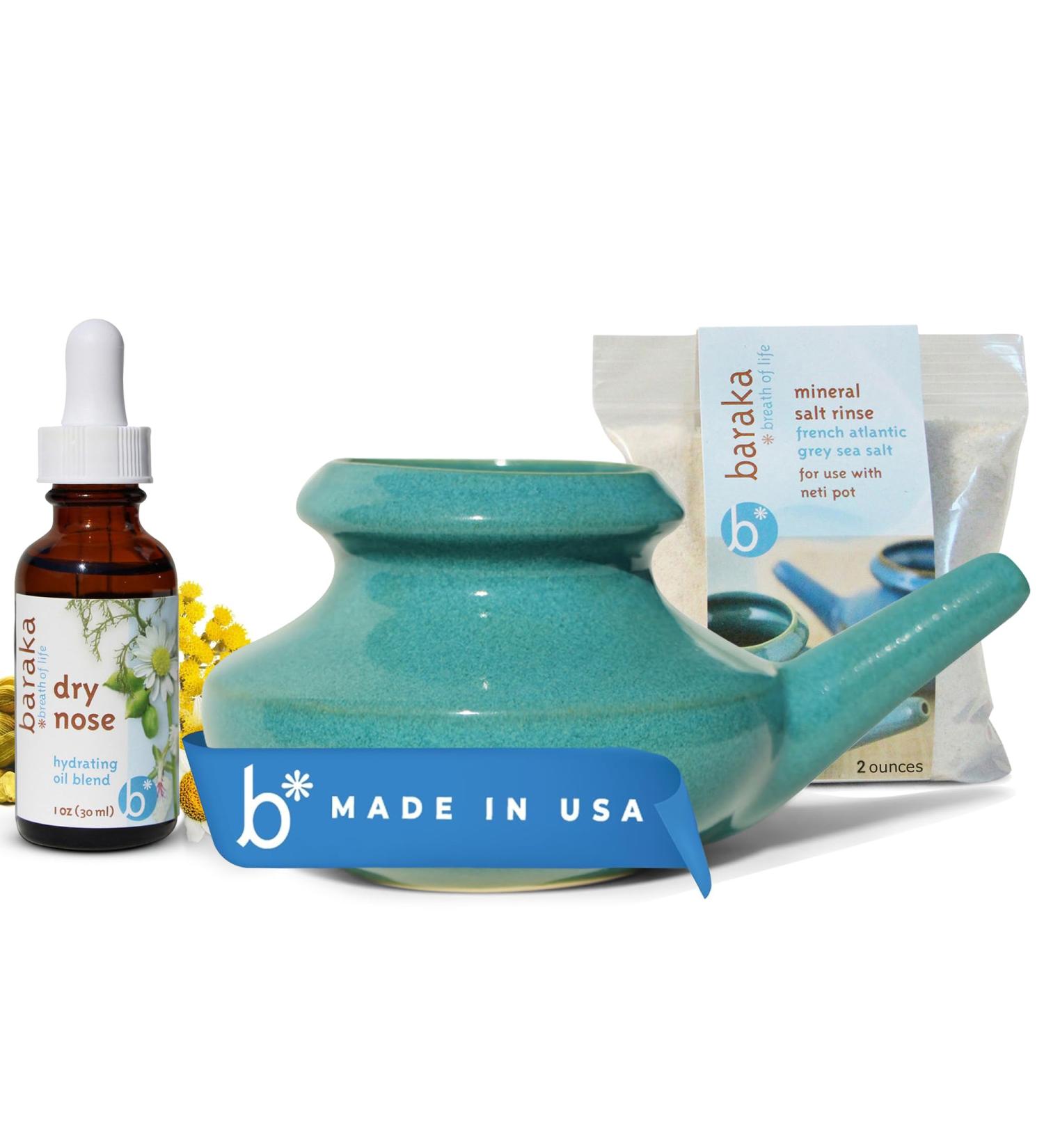 Baraka Sinus Ayurvedic Care Bundle - Includes Handcrafted Ceramic Neti Pot French Atlantic Grey Neti Salt (2-oz) Dry Nose Oil (1-oz) for Sinus Relief Hydrates Nasal Passages Lightweight - Jade - Buy Online on GoSupps.com