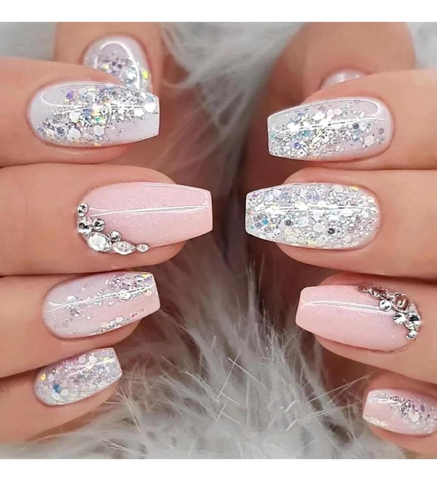 Buy Silver Glitter Press on Nails - Medium Square Fake Nails with Rhinestones | Glossy Pink & White Artificial Nails for Women & Girls | Reusable DIY Manicure - Buy Online on GoSupps.com