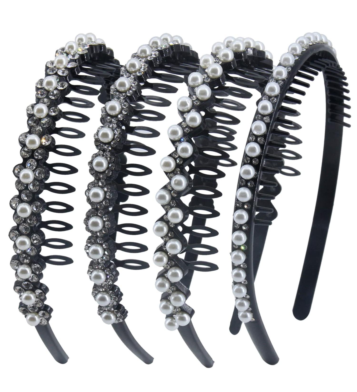 Yeshan Pearl & Rhinestone Hair Comb Headbands for Women - Set of 4 Non-Slip Hair Hoops - Buy Online on GoSupps.com