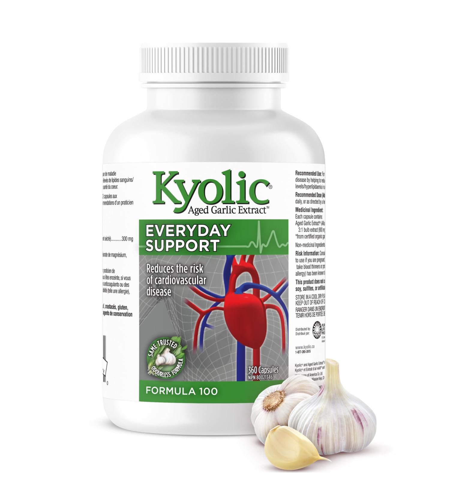 Kyolic - Aged Garlic Extract Supplements - Formula 100 Everyday Support 300mg 360 Capsules - Odorless Garlic Pills - Supports Overall Wellness Unflavored 360 count (Pack of 1) - Buy Online on GoSupps.com