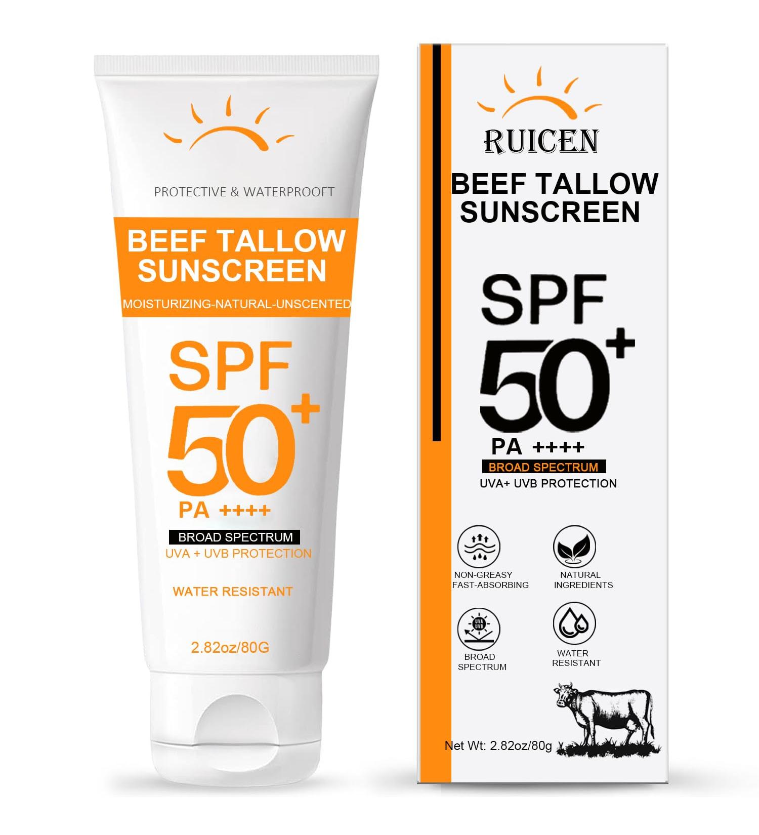 Beef Tallow Sunscreen with Zinc Oxide: Mineral Sunscreen SPF 50 Organic Natural Sun screen-Non Greasy Formula No White Cast Beef Tallow Sunblock for Sensitive Skin- Water-Resistant-2.82 oz (80g) - Buy Online on GoSupps.com