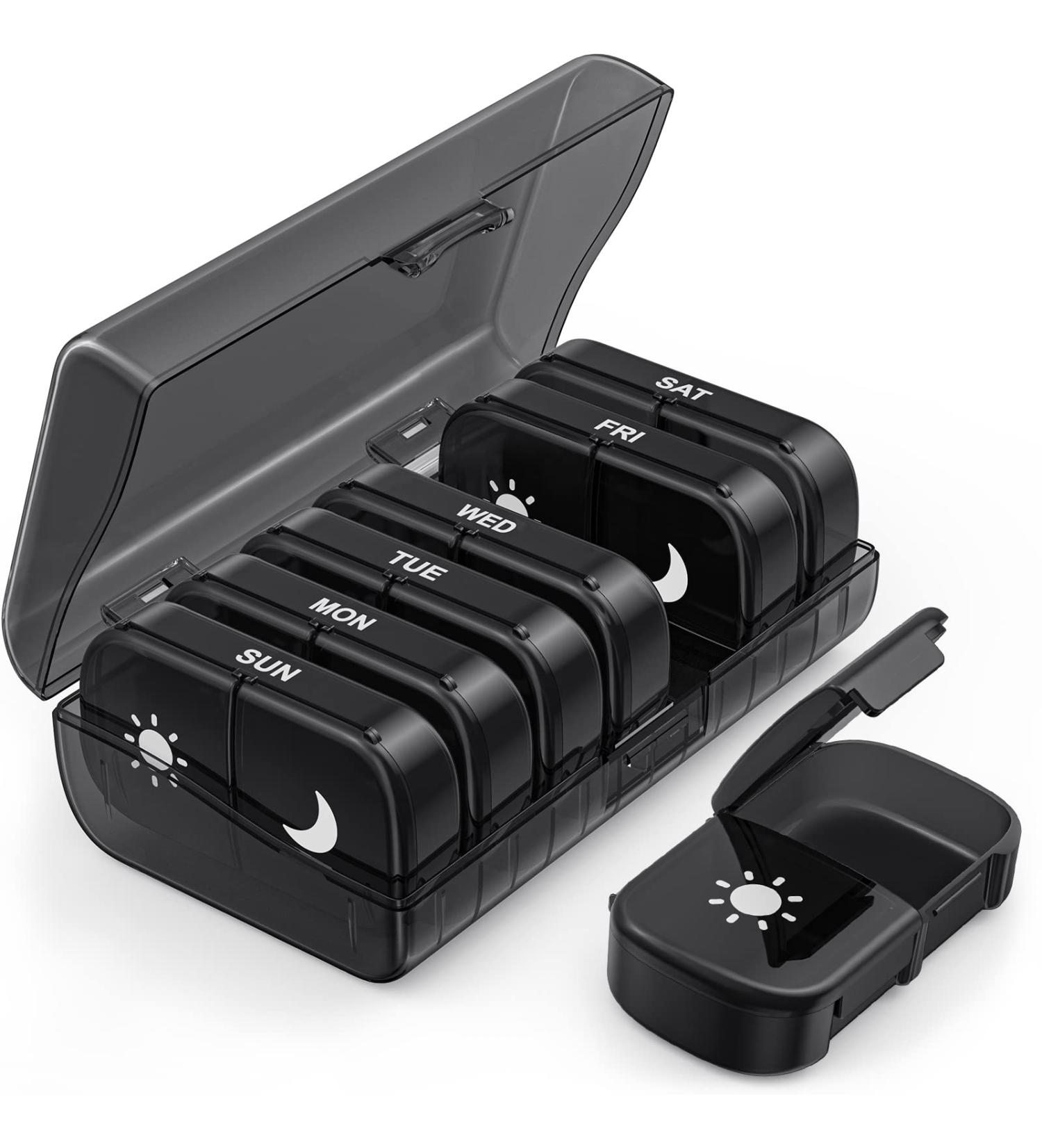 Large Weekly Pill Organizer 2x Daily AM PM One-Side Open Pill Box, 7 Day, Black Privacy Protection for Vitamins & Medication - Buy Online on GoSupps.com