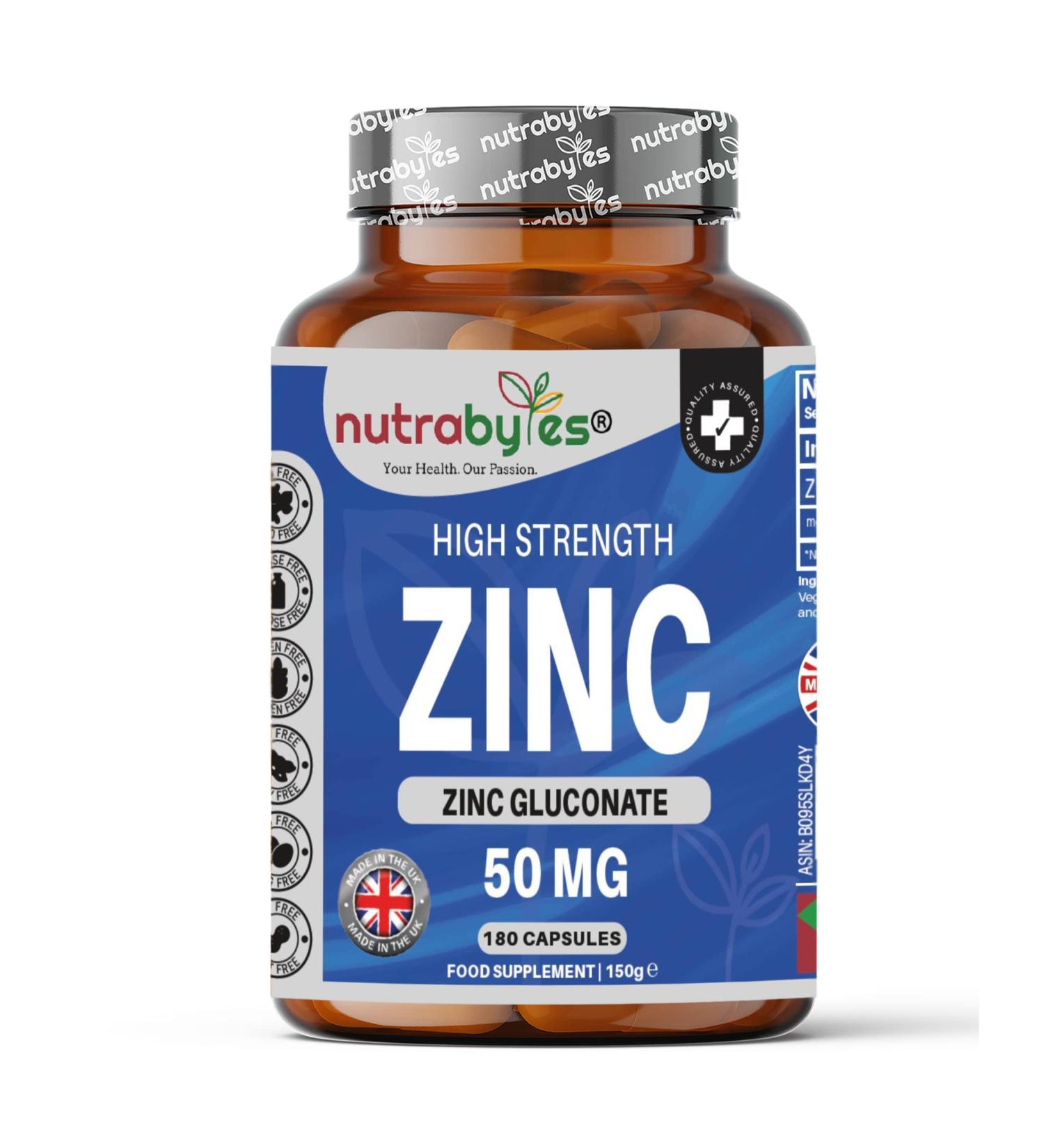 High Strength Zinc Capsules 50mg - 180 Vegan Capsules (6 Month Supply) Chelated Zinc for Immune System, Hair, Skin, Bones, Nails Nutrabytes - Buy Online on GoSupps.com