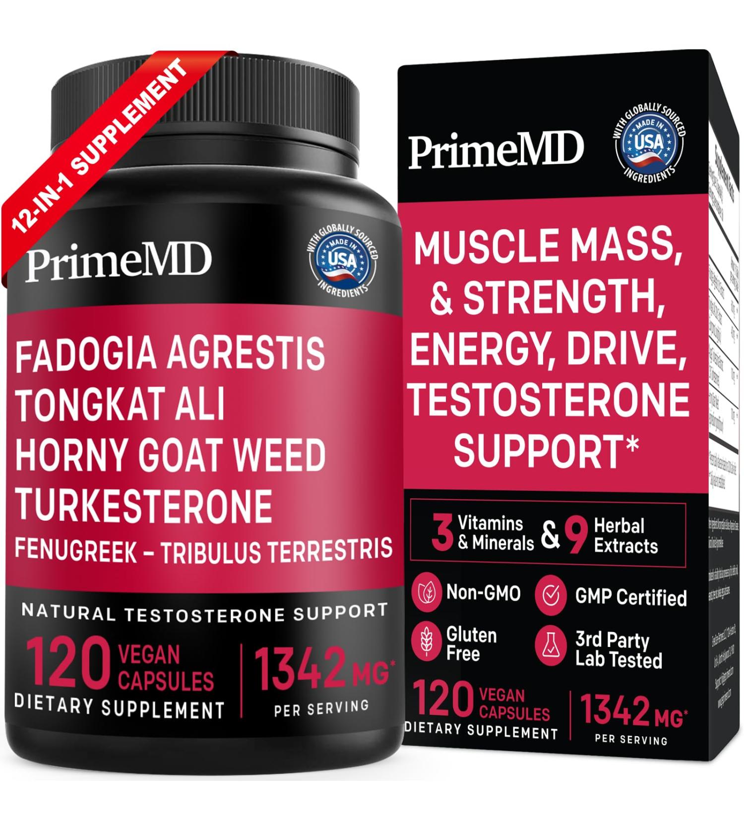 PrimeMD 12-in-1 Testosterone Supplement for Men | Fadogia Agrestis Tongkat Ali & Horny Goat Weed - 1342mg | Boost Men's Health & Well-Being - 120 Capsules - Buy Online on GoSupps.com