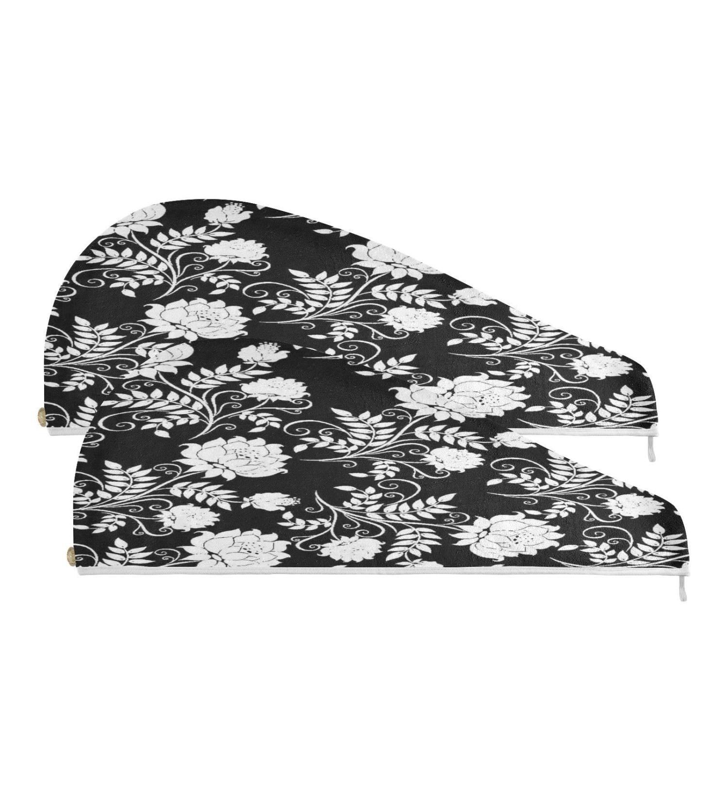 Black and White Flowers Dry Hair Cap | 2 Piece Quick Drying Towel Set with Button Headband | Super Absorbent & Soft Comfort - Buy Online on GoSupps.com